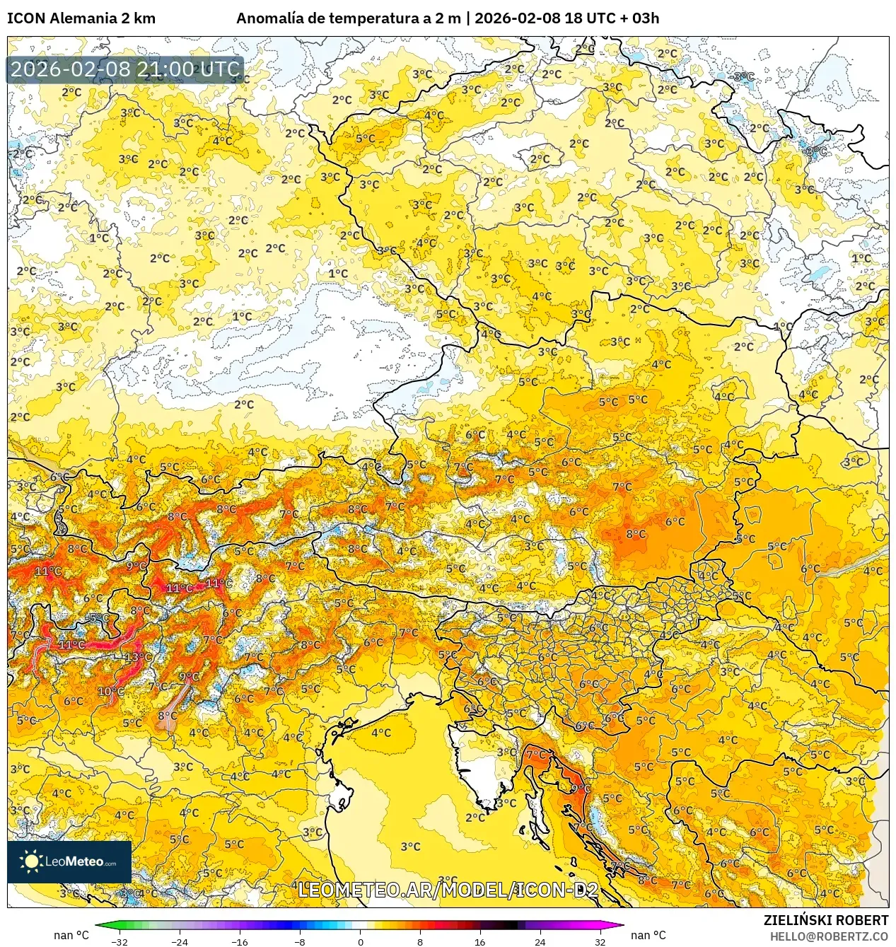 ICON Alemania 2 km model - Austria, Anomalía de temperatura a 2 m