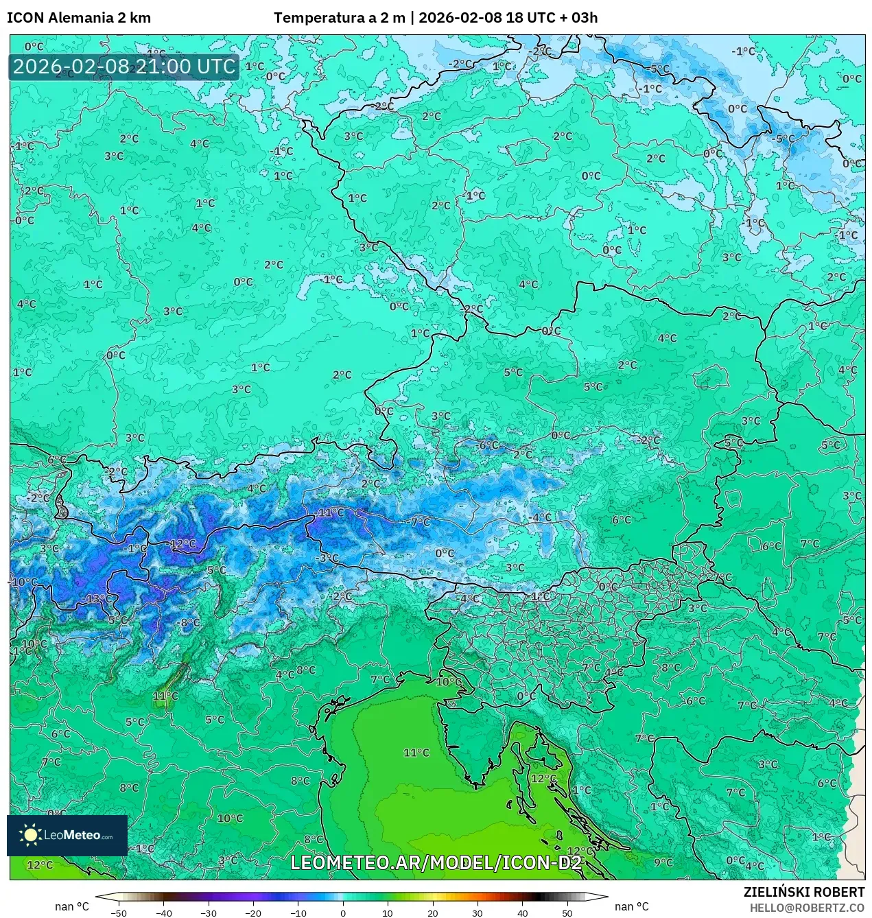 ICON Alemania 2 km model - Austria, Temperatura a 2 m