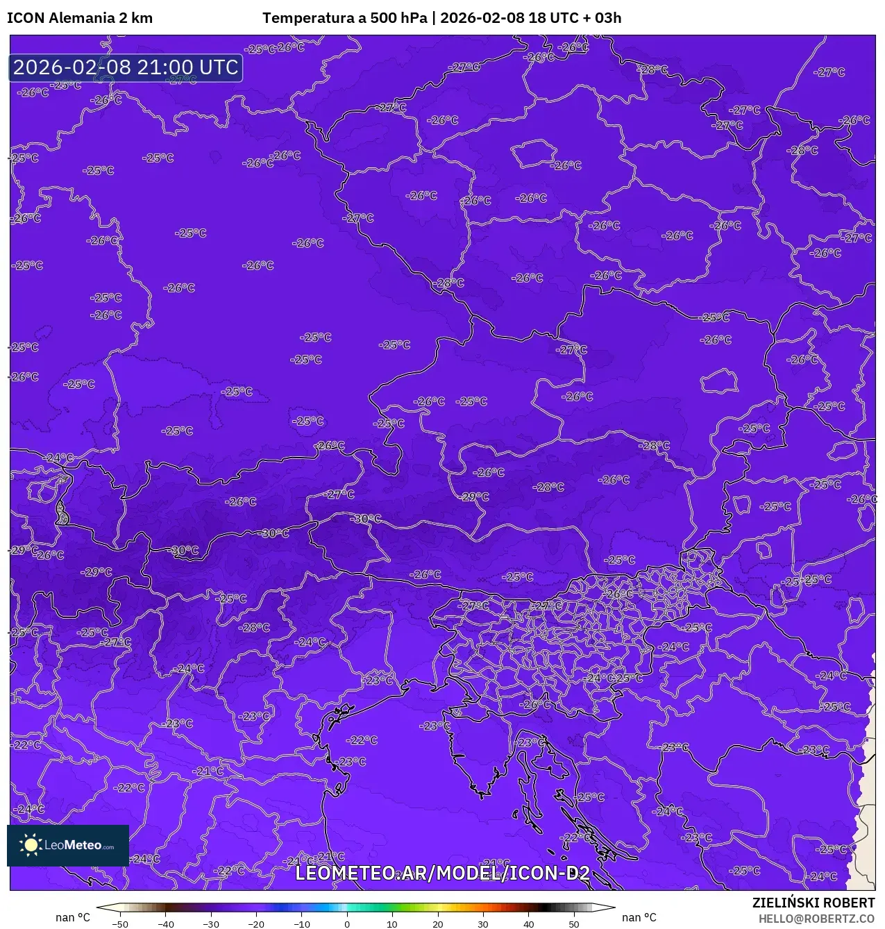 ICON Alemania 2 km model - Austria, Temperatura a 500 hPa