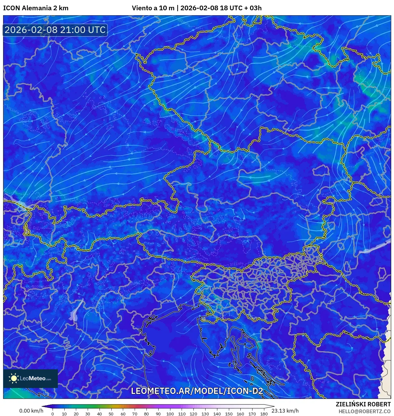 ICON Alemania 2 km model - Austria, Viento a 10 m