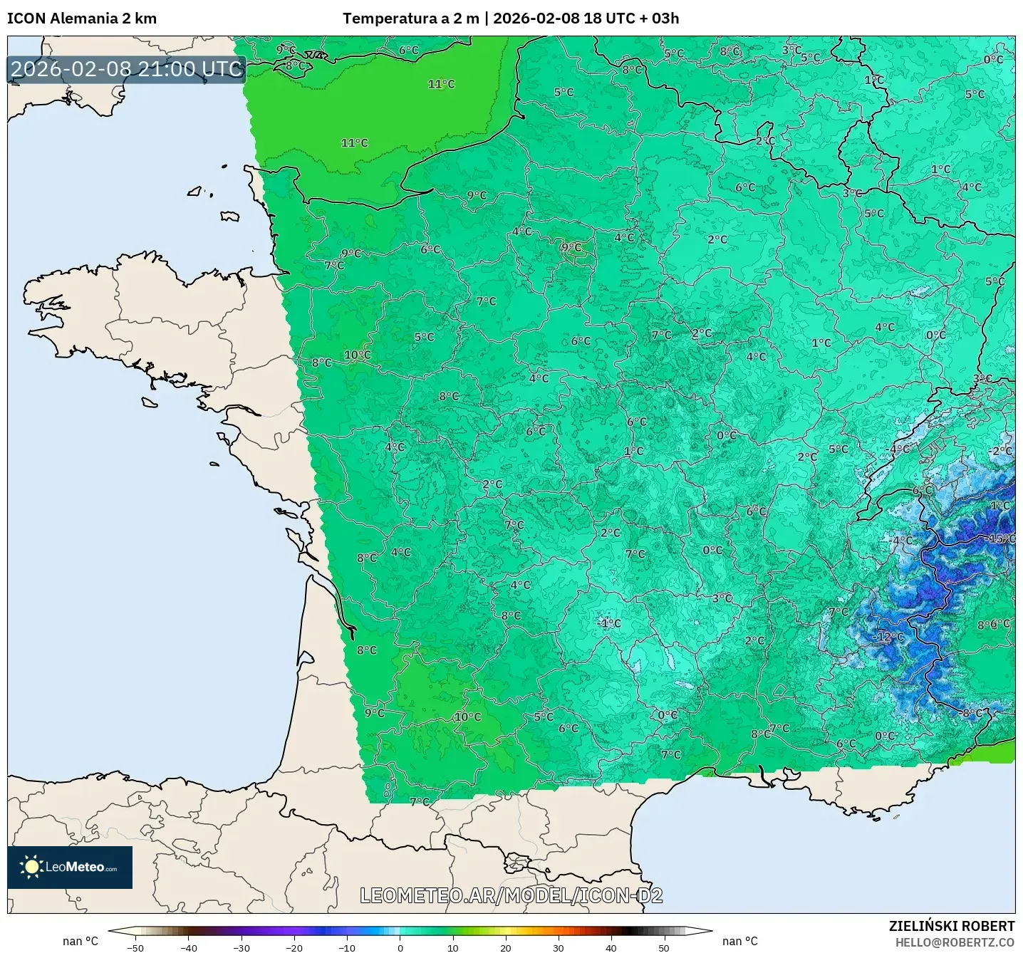 ICON Alemania 2 km model - Francia, Temperatura a 2 m
