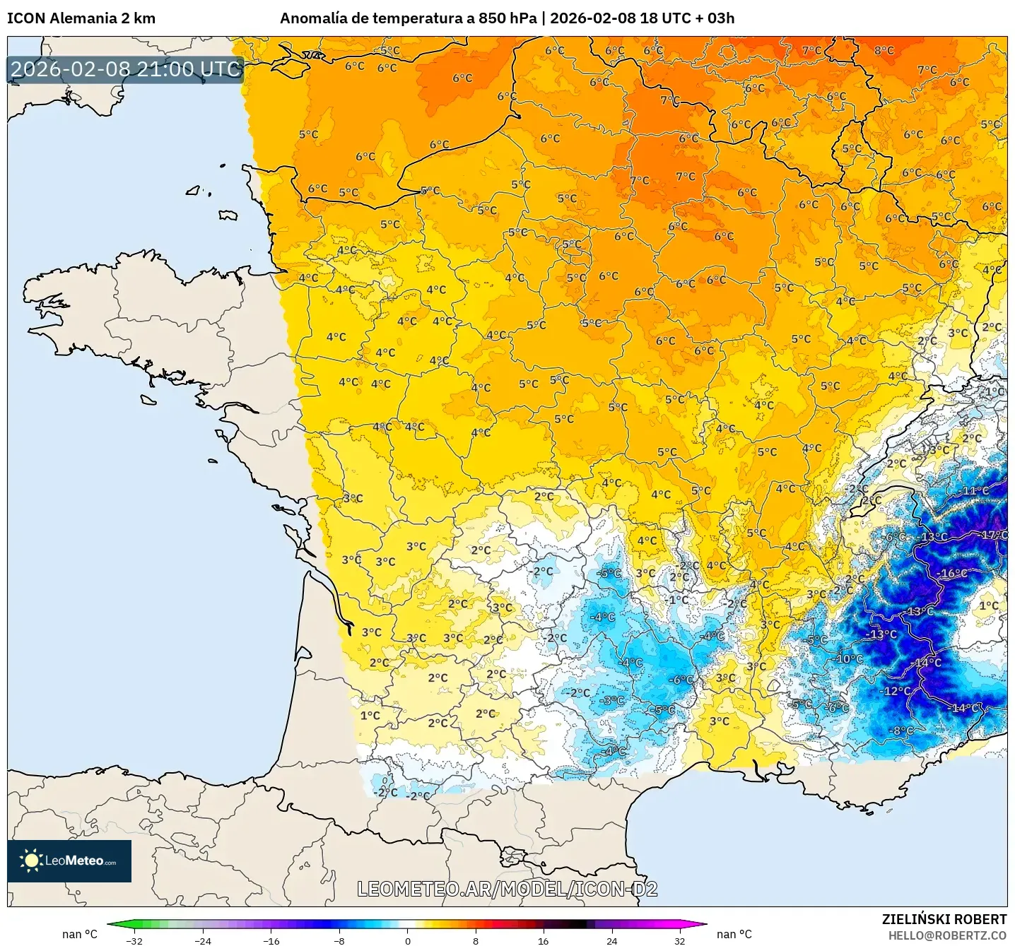 ICON Alemania 2 km model - Francia, Anomalía de temperatura a 850 hPa