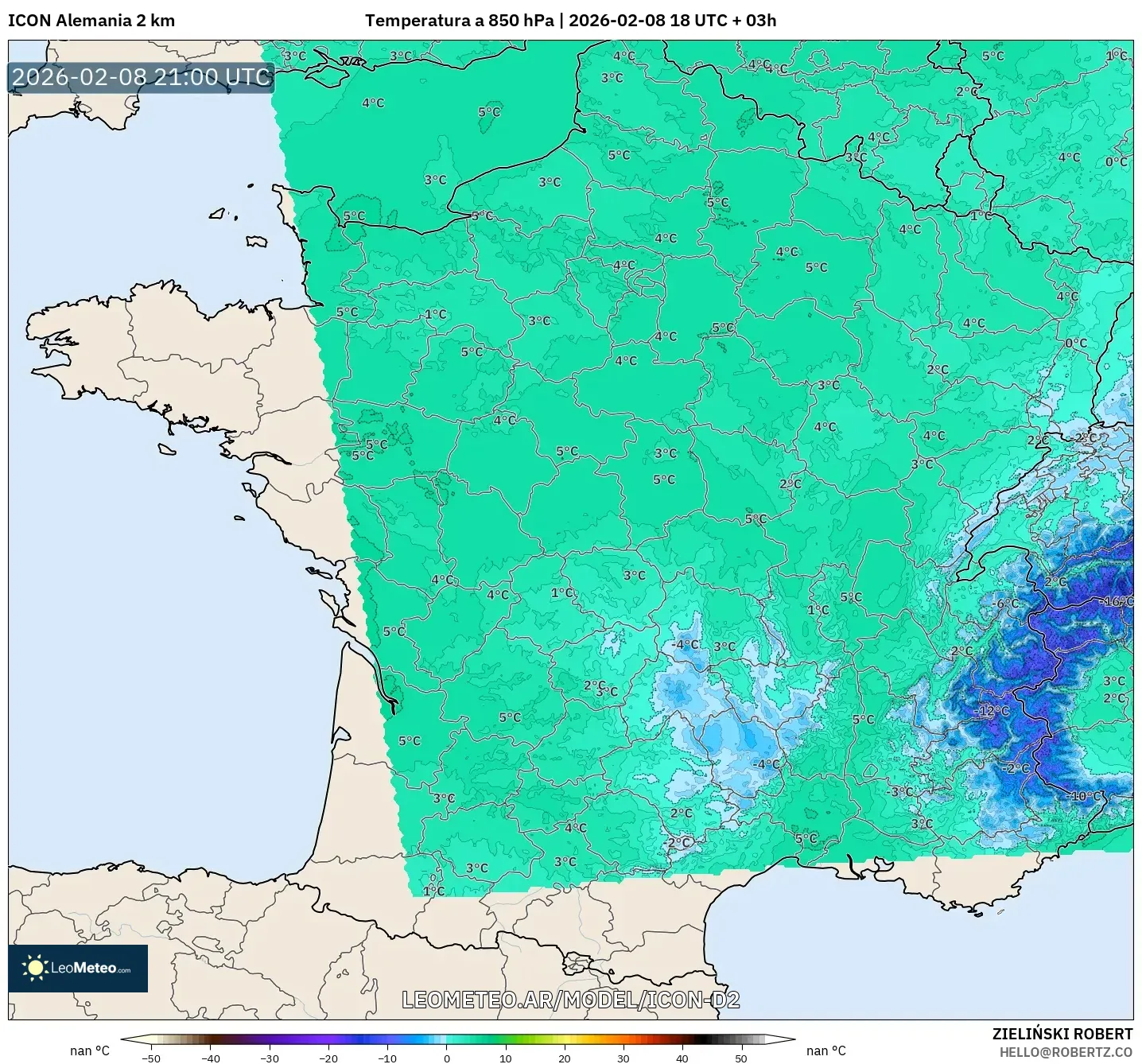 ICON Alemania 2 km model - Francia, Temperatura a 850 hPa