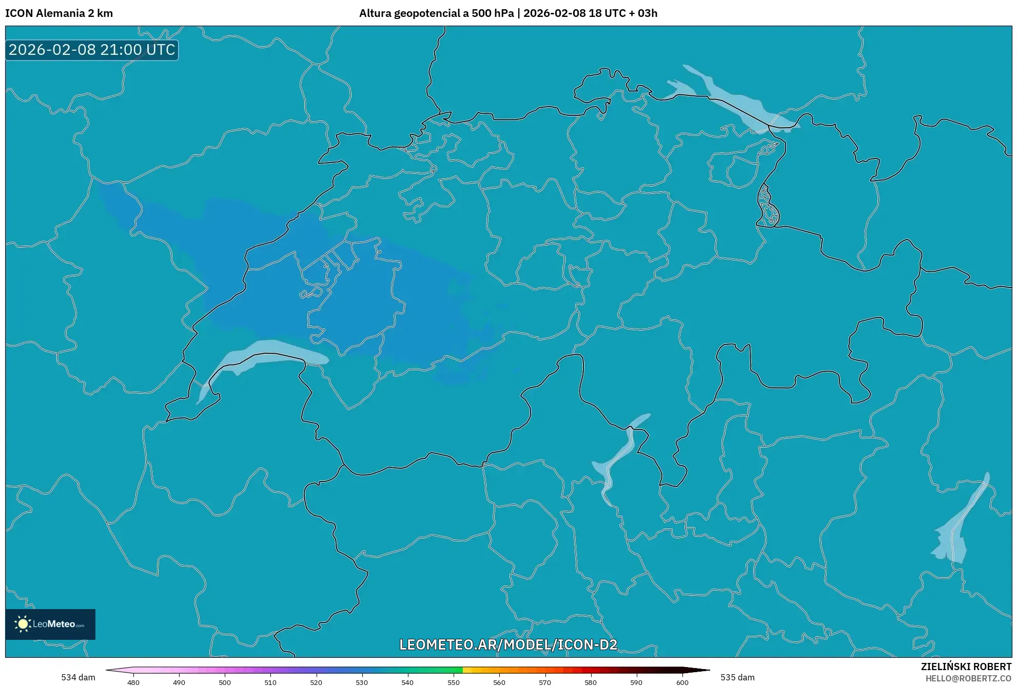ICON Alemania 2 km model - Suiza, Altura geopotencial a 500 hPa