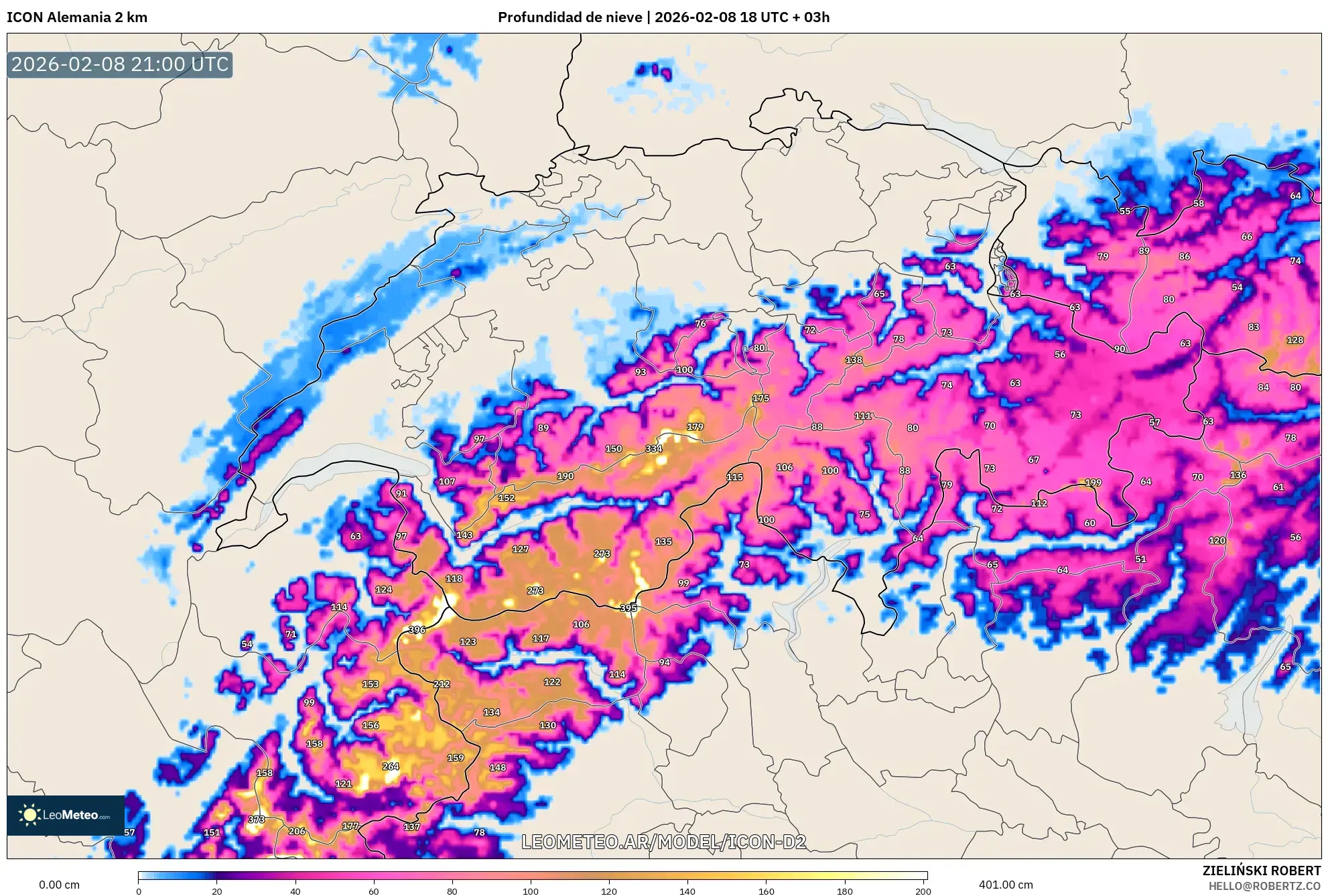 ICON Alemania 2 km model - Suiza, Profundidad de nieve