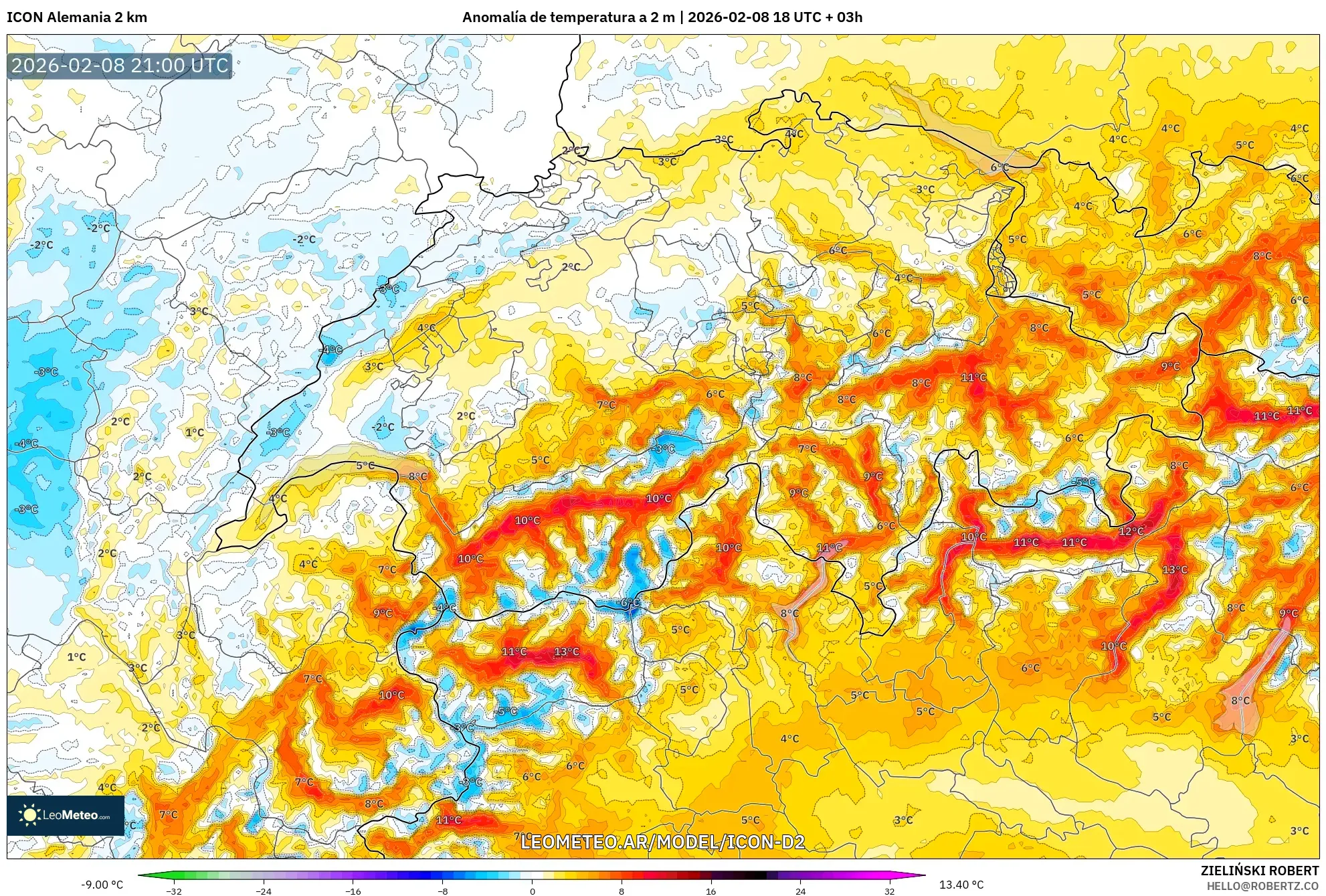ICON Alemania 2 km model - Suiza, Anomalía de temperatura a 2 m
