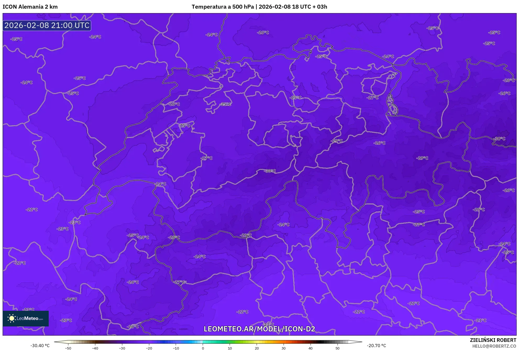 ICON Alemania 2 km model - Suiza, Temperatura a 500 hPa