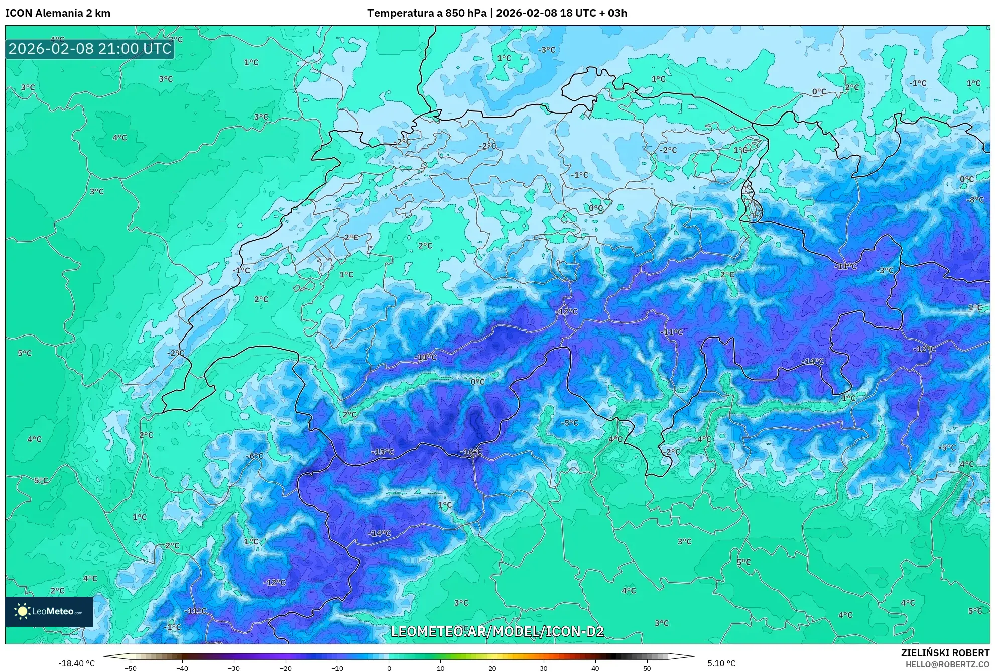ICON Alemania 2 km model - Suiza, Temperatura a 850 hPa