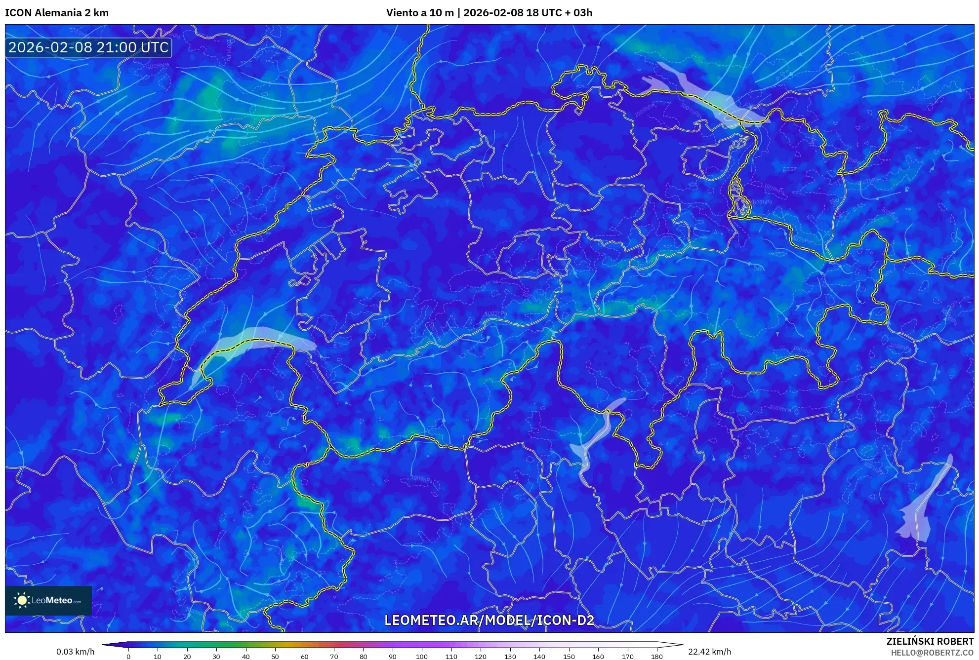 ICON Alemania 2 km model - Suiza, Viento a 10 m