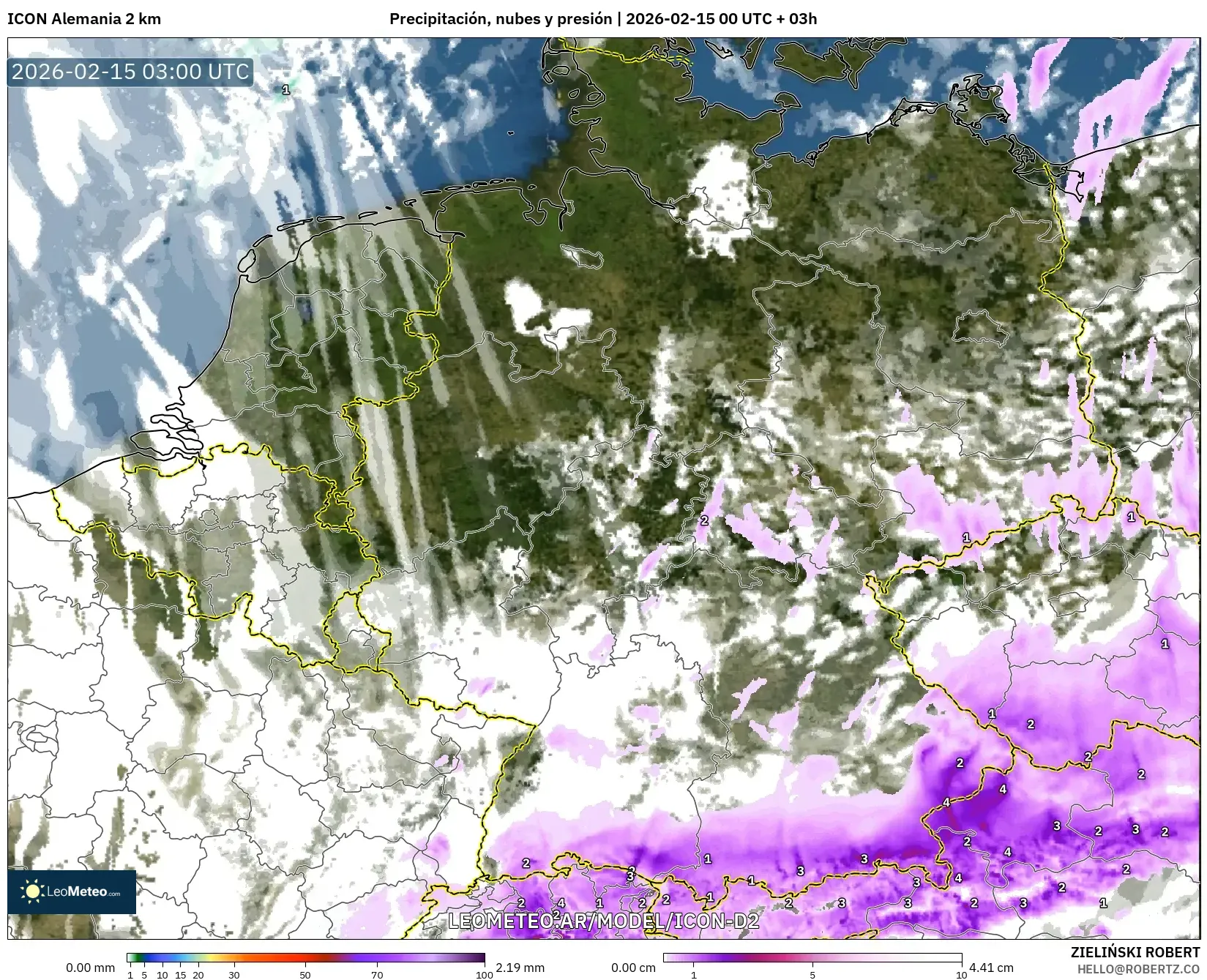 ICON Alemania 2 km model - Alemania, Precipitación, nubes y presión