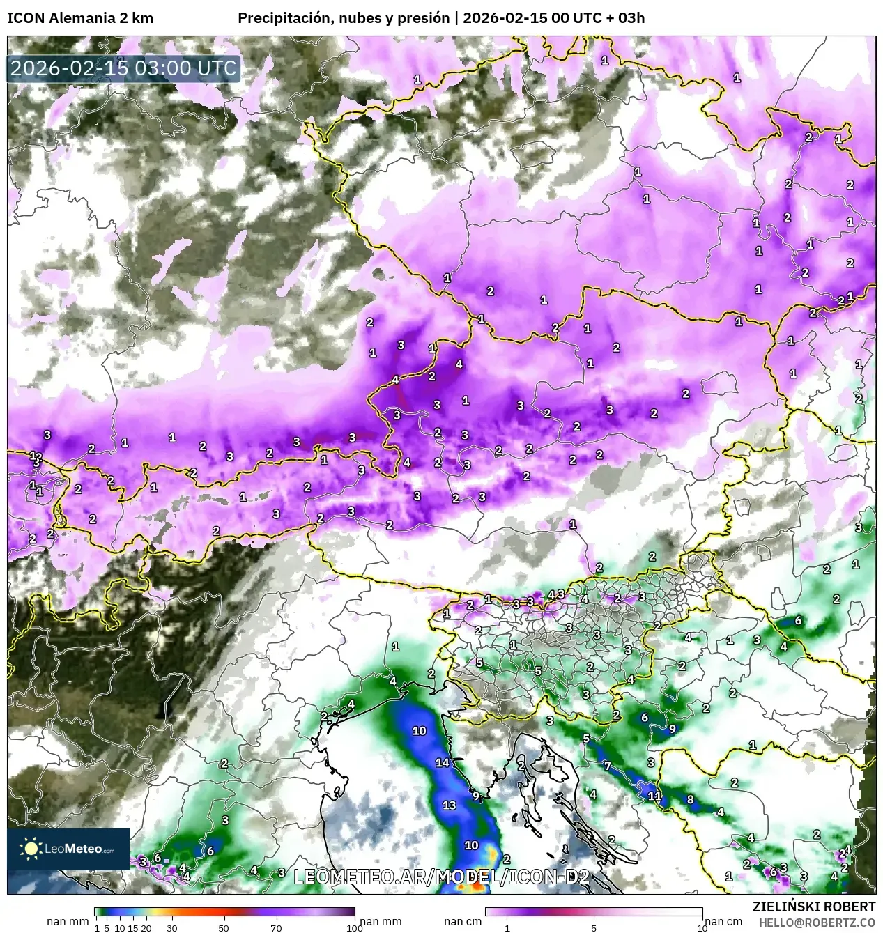 ICON Alemania 2 km model - Austria, Precipitación, nubes y presión