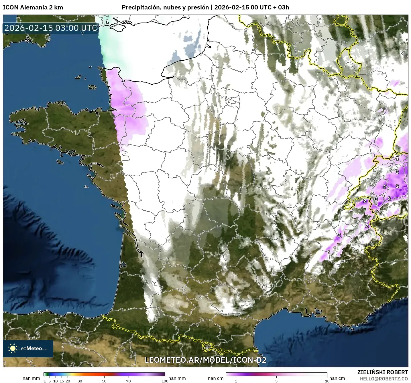 ICON Alemania 2 km model - Francia, Precipitación, nubes y presión