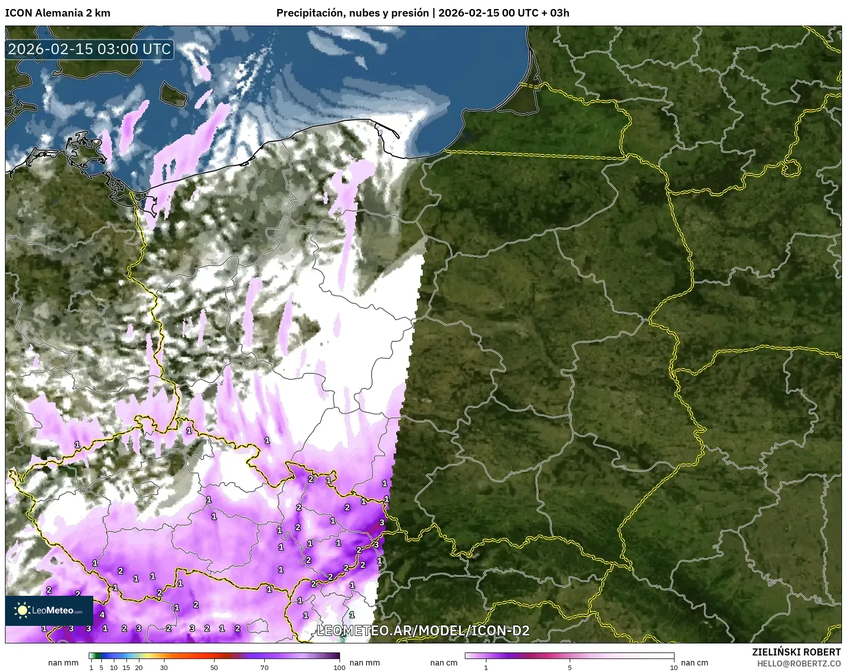 ICON Alemania 2 km model - Polonia, Precipitación, nubes y presión