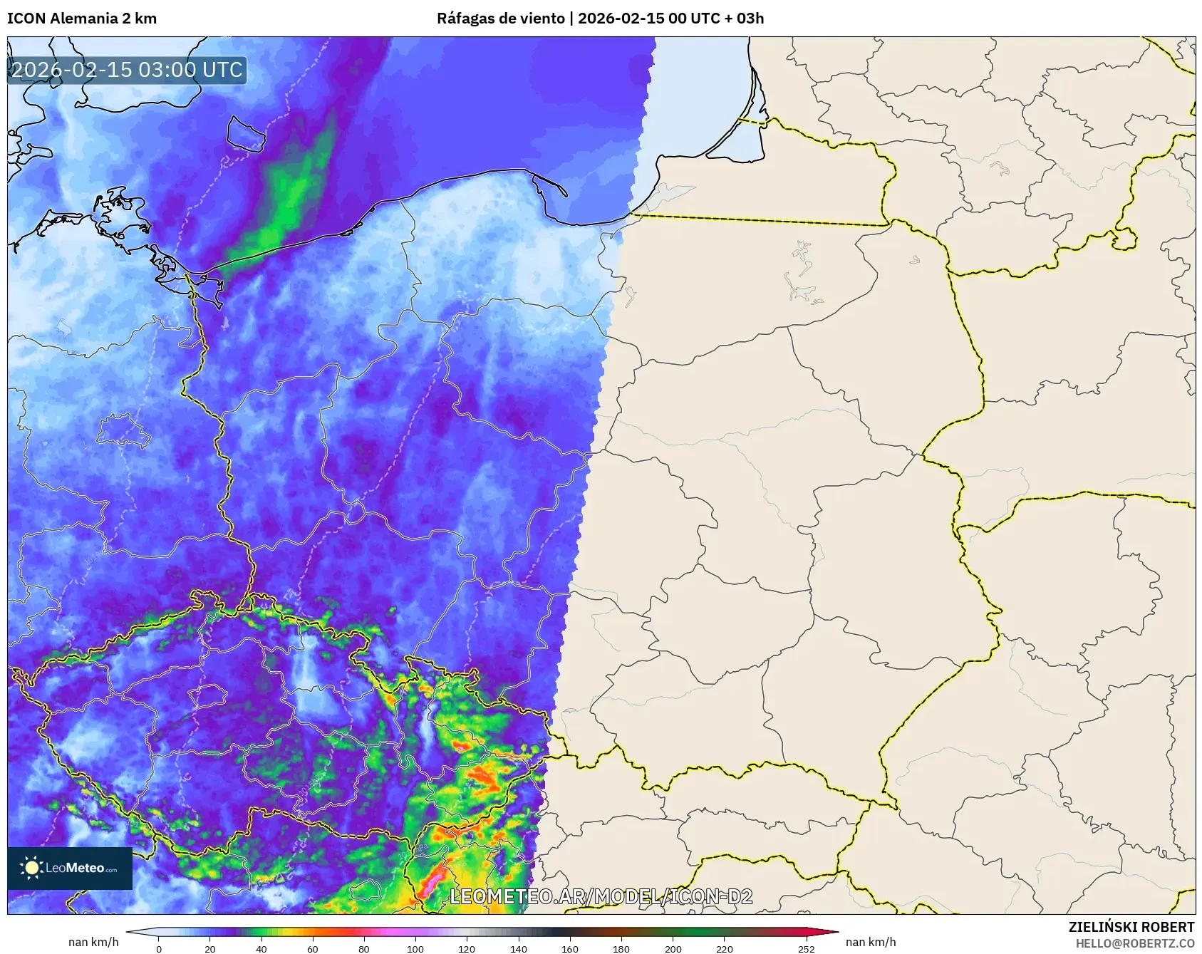 ICON Alemania 2 km model - Polonia, Ráfagas de viento