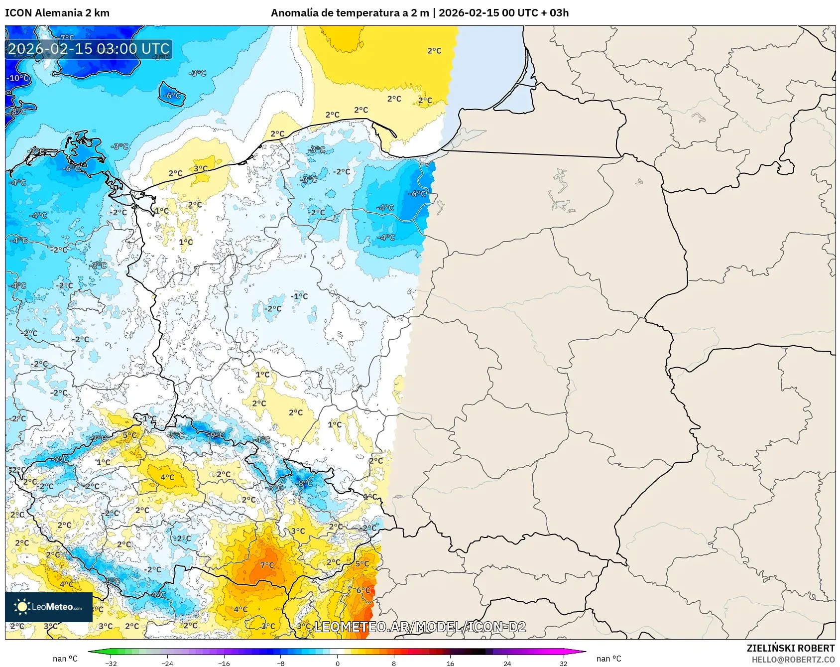 ICON Alemania 2 km model - Polonia, Anomalía de temperatura a 2 m