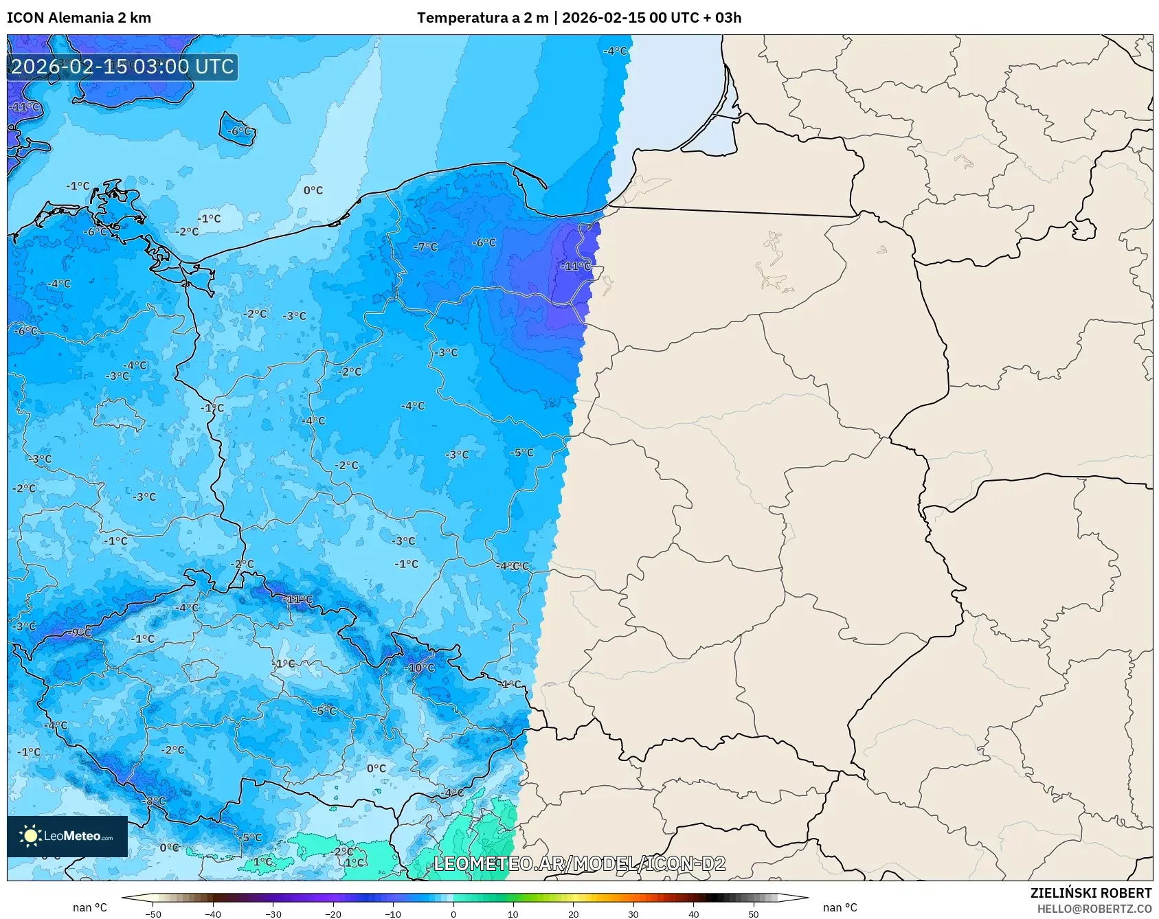 ICON Alemania 2 km model - Polonia, Temperatura a 2 m