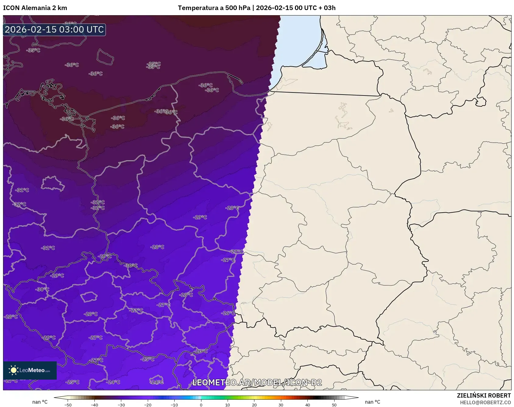 ICON Alemania 2 km model - Polonia, Temperatura a 500 hPa