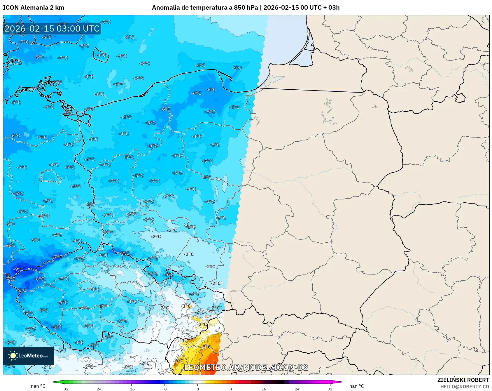 ICON Alemania 2 km model - Polonia, Anomalía de temperatura a 850 hPa