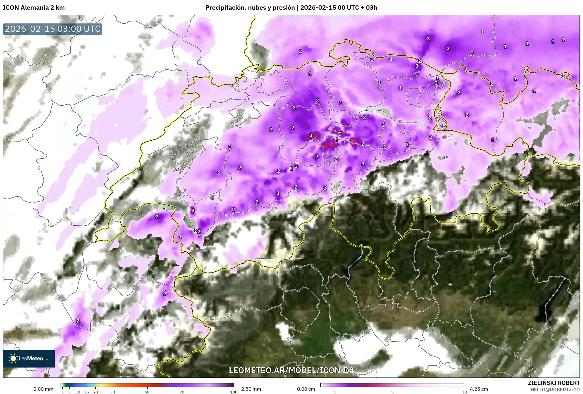 ICON Alemania 2 km model - Suiza, Precipitación, nubes y presión