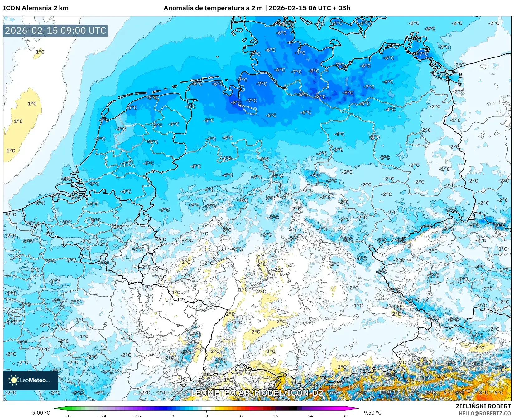 ICON Alemania 2 km model - Alemania, Anomalía de temperatura a 2 m