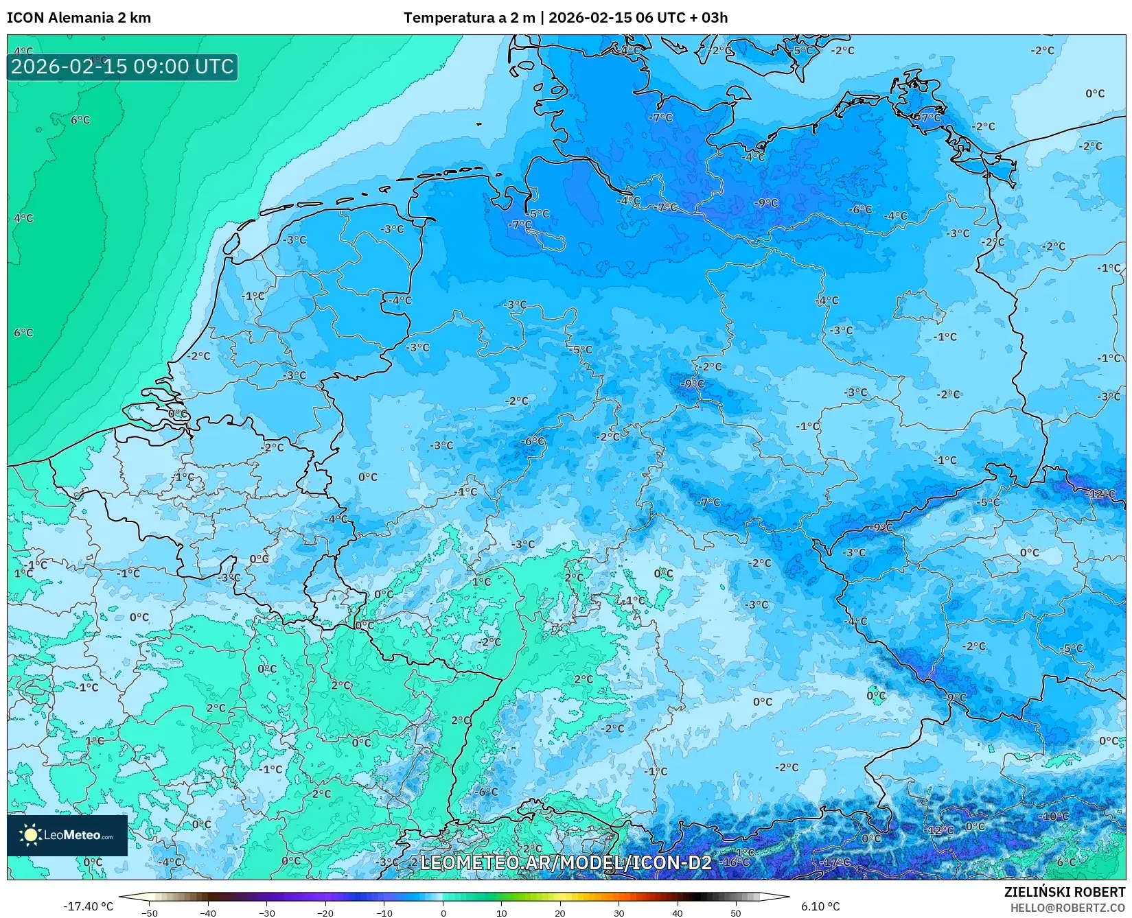ICON Alemania 2 km model - Alemania, Temperatura a 2 m
