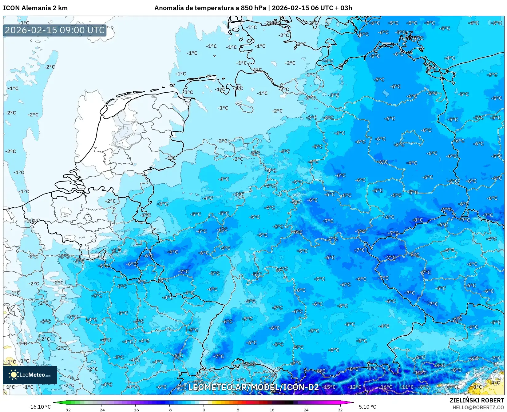 ICON Alemania 2 km model - Alemania, Anomalía de temperatura a 850 hPa