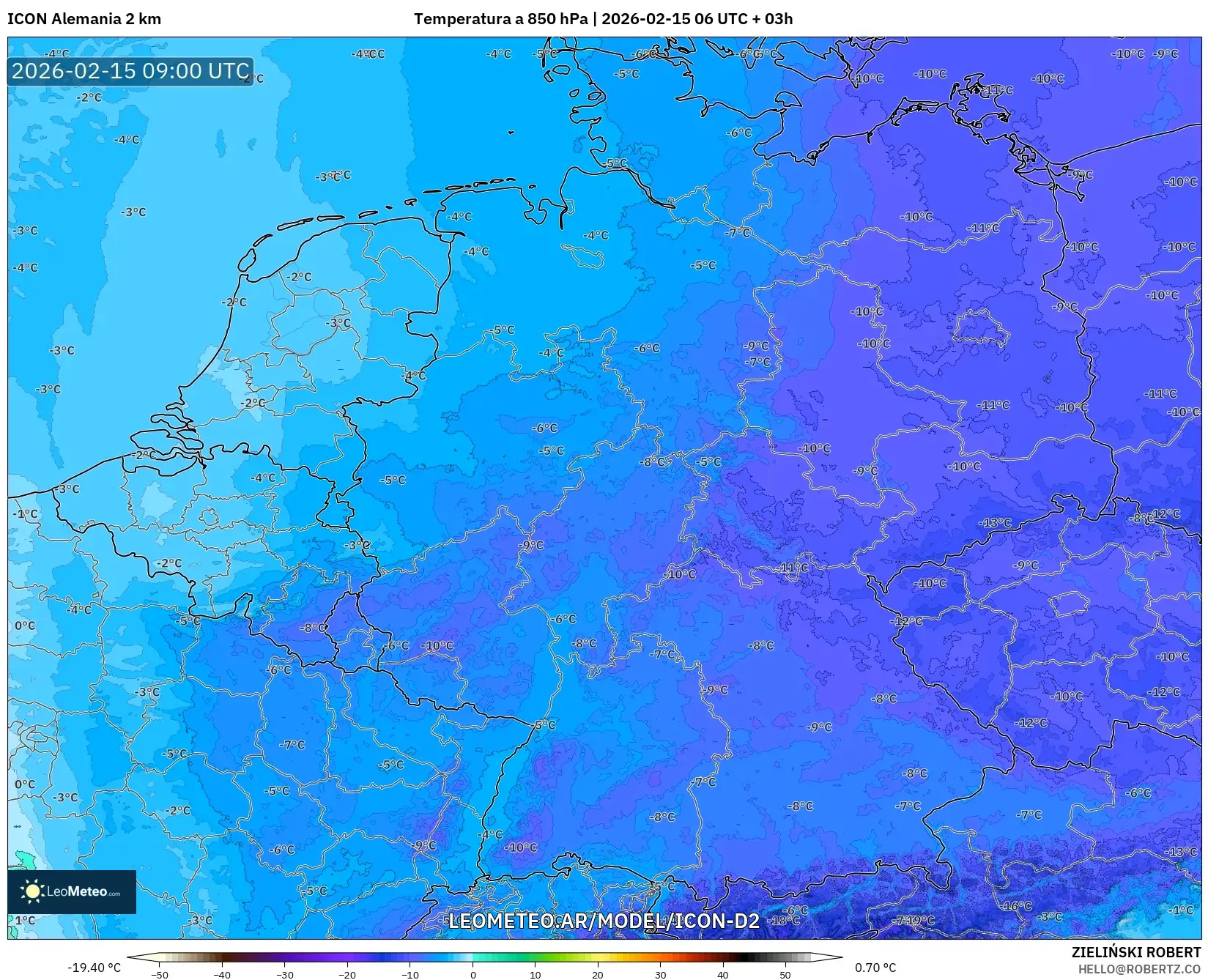 ICON Alemania 2 km model - Alemania, Temperatura a 850 hPa