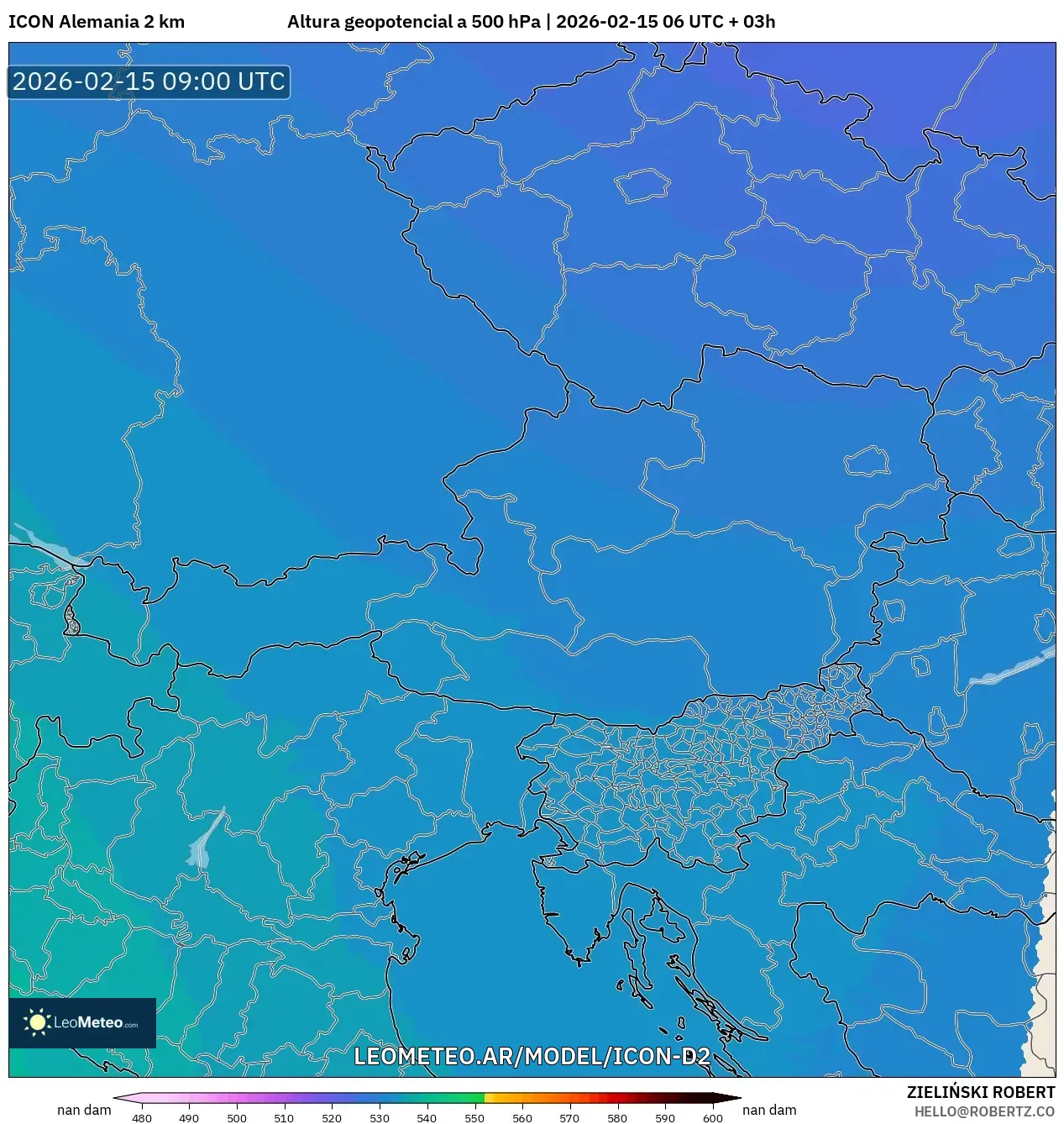 ICON Alemania 2 km model - Austria, Altura geopotencial a 500 hPa