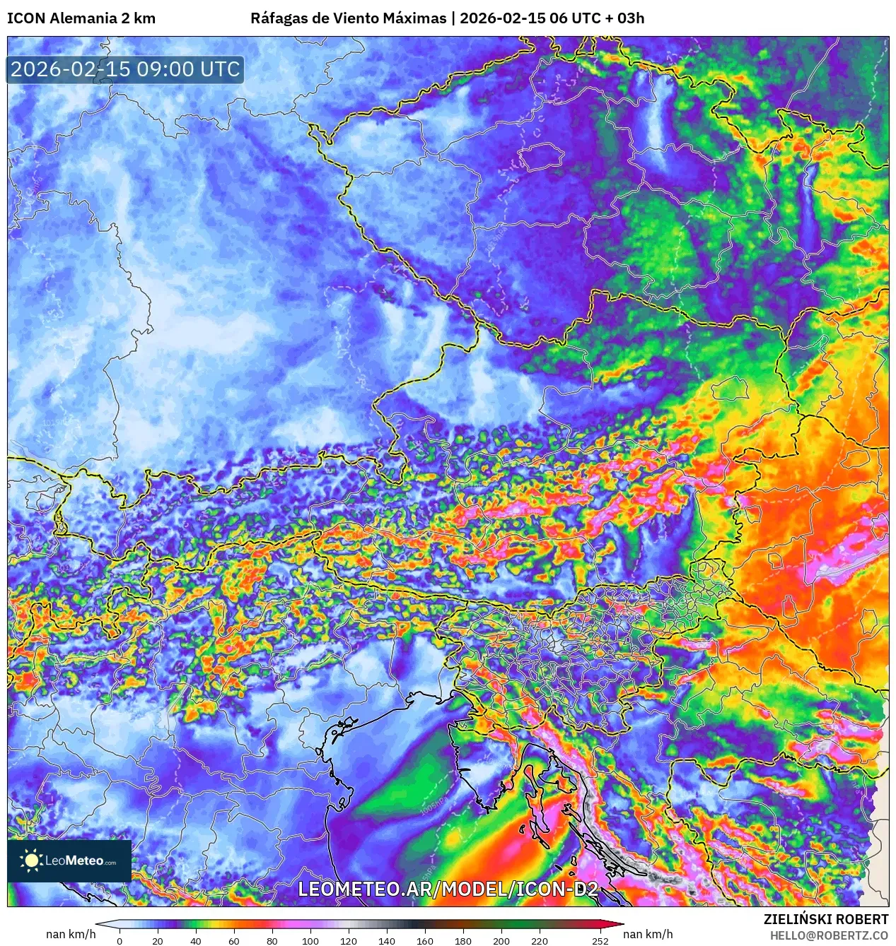 ICON Alemania 2 km model - Austria, Ráfagas de Viento Máximas