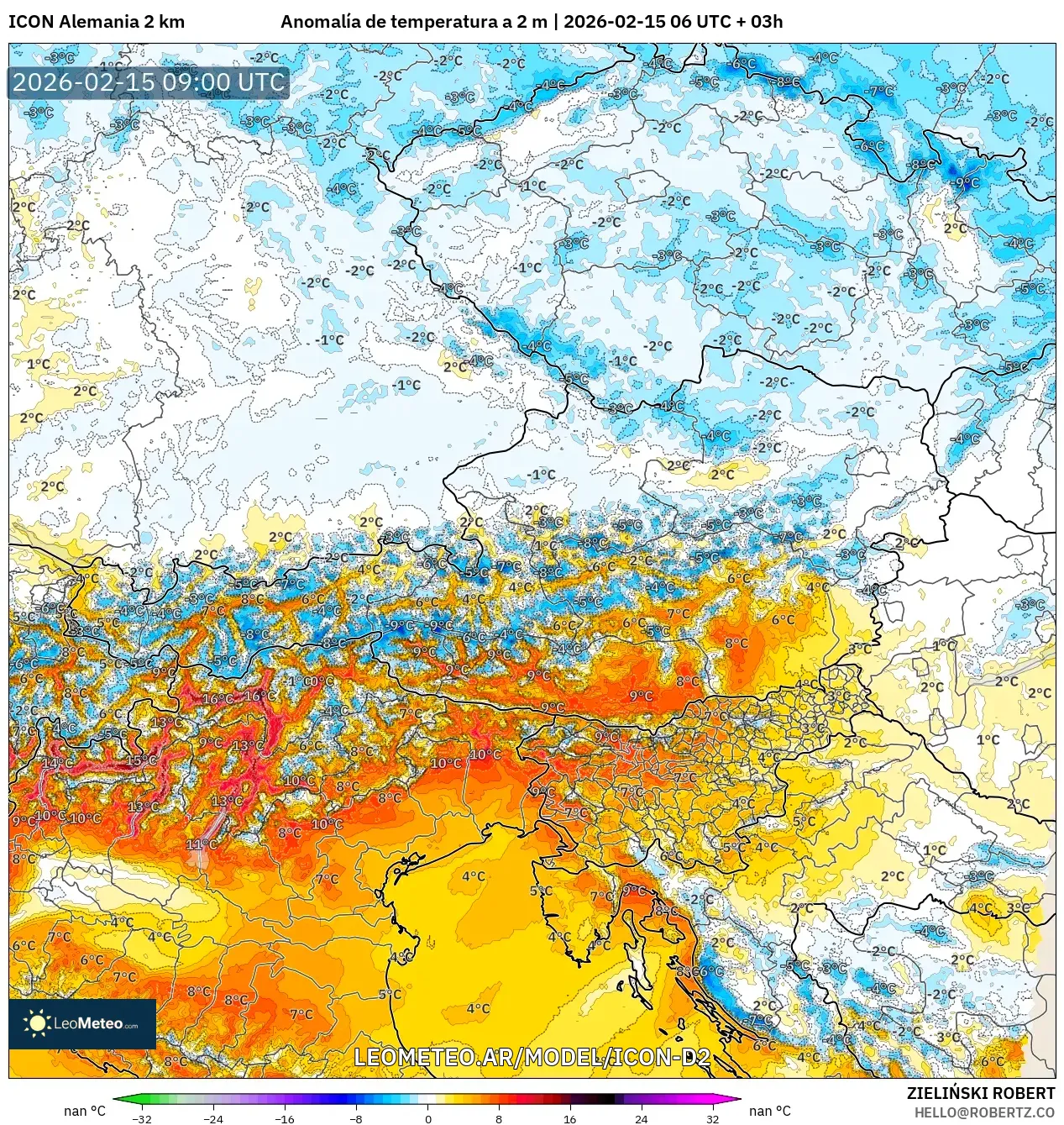 ICON Alemania 2 km model - Austria, Anomalía de temperatura a 2 m