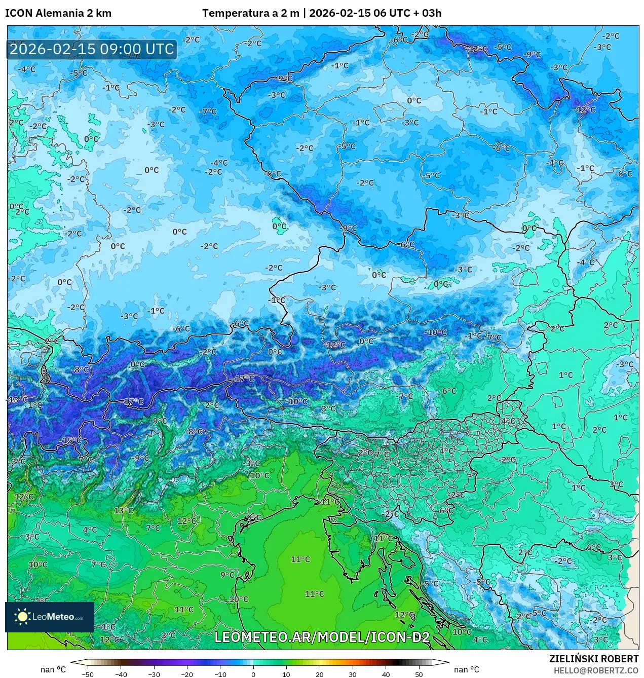 ICON Alemania 2 km model - Austria, Temperatura a 2 m