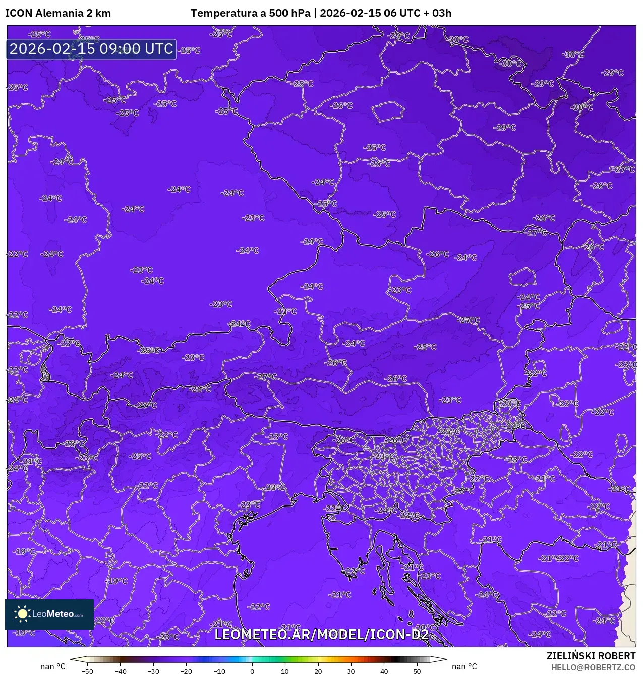 ICON Alemania 2 km model - Austria, Temperatura a 500 hPa