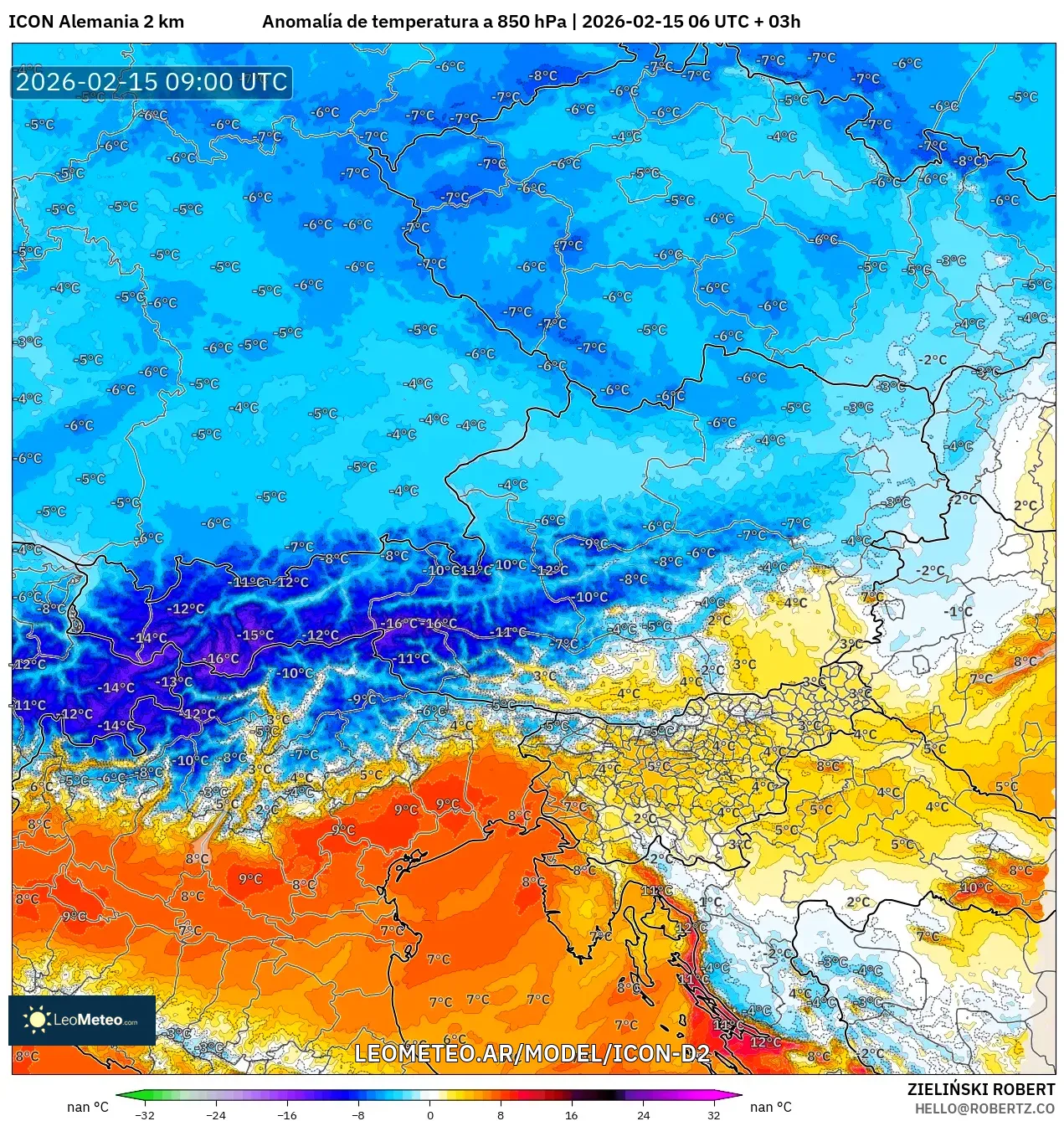 ICON Alemania 2 km model - Austria, Anomalía de temperatura a 850 hPa