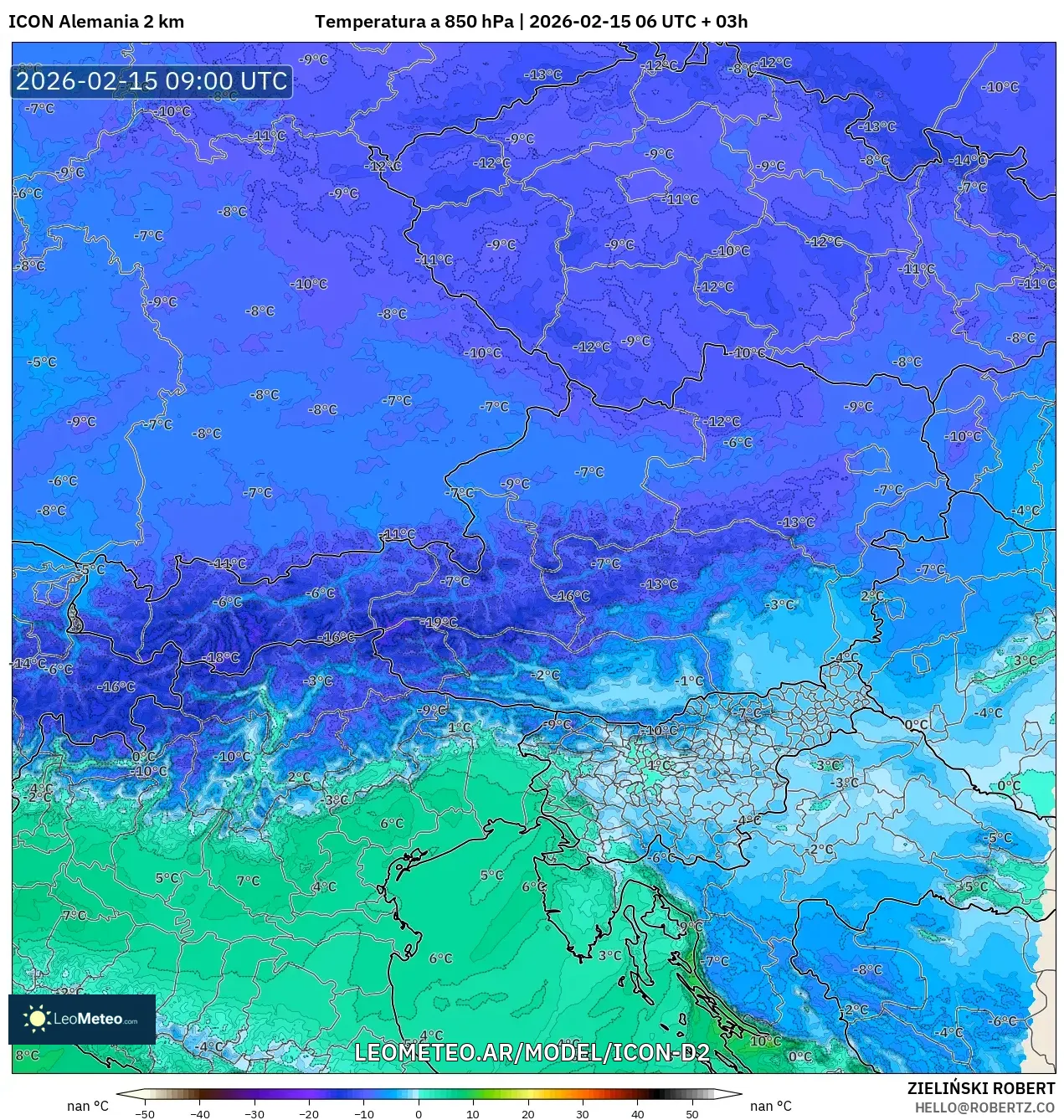 ICON Alemania 2 km model - Austria, Temperatura a 850 hPa