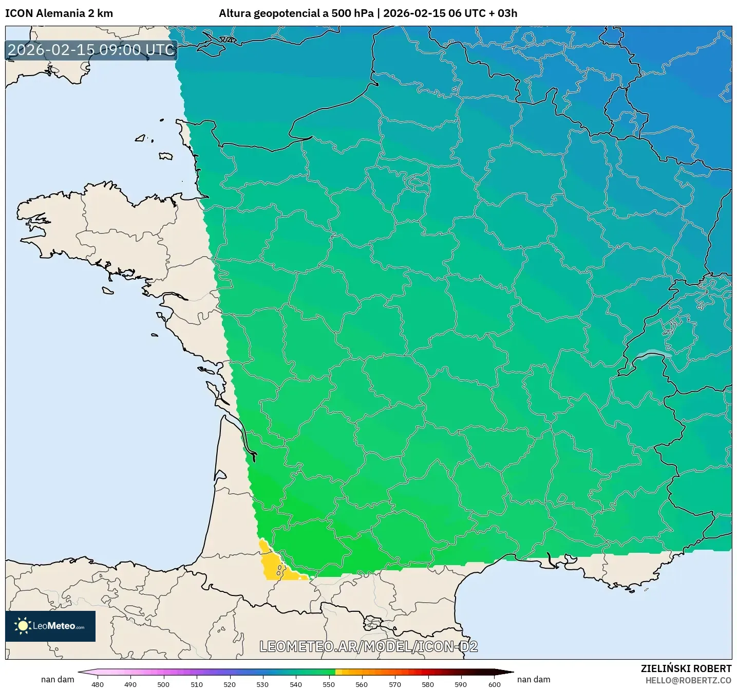 ICON Alemania 2 km model - Francia, Altura geopotencial a 500 hPa