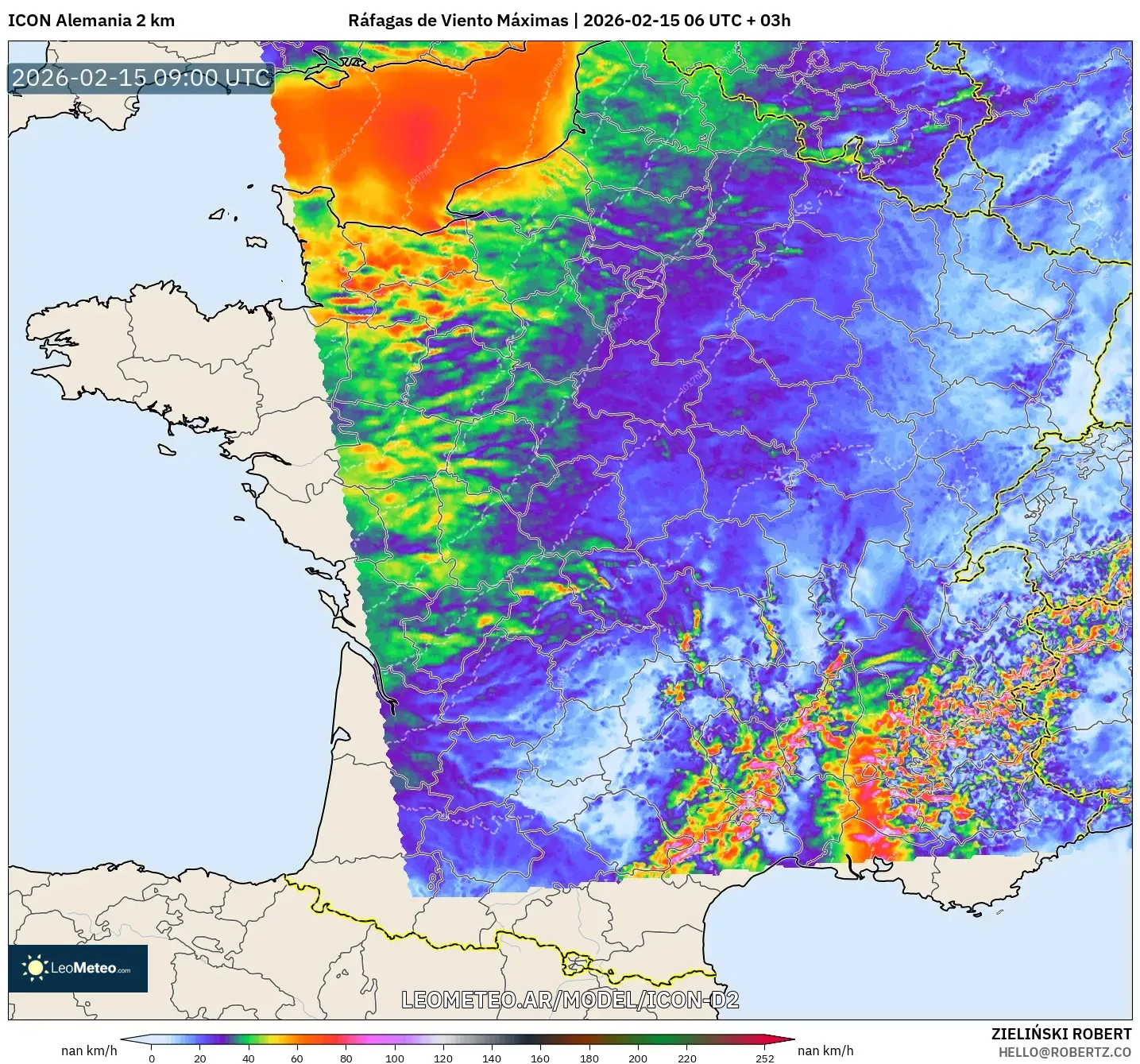 ICON Alemania 2 km model - Francia, Ráfagas de Viento Máximas