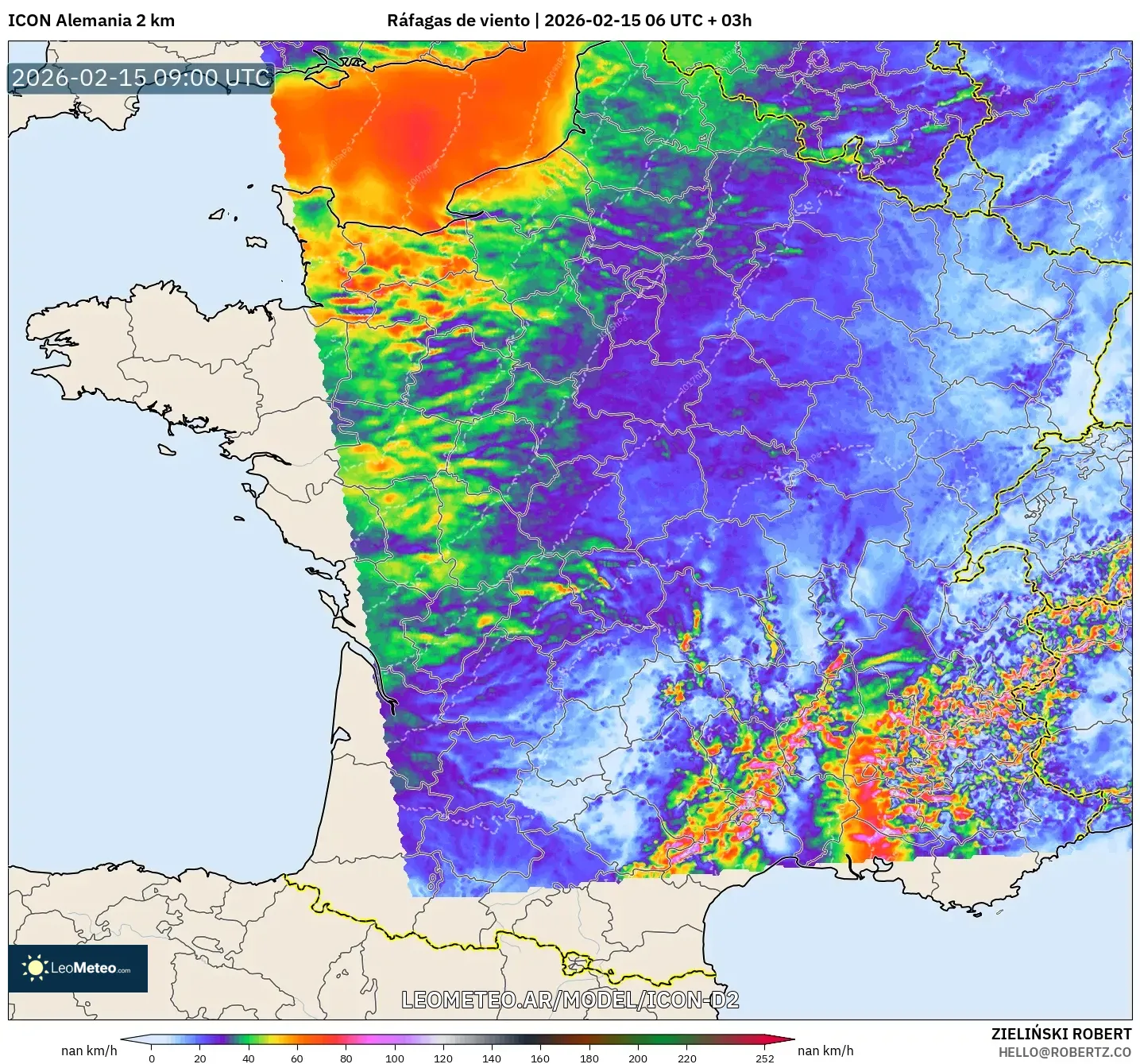 ICON Alemania 2 km model - Francia, Ráfagas de viento