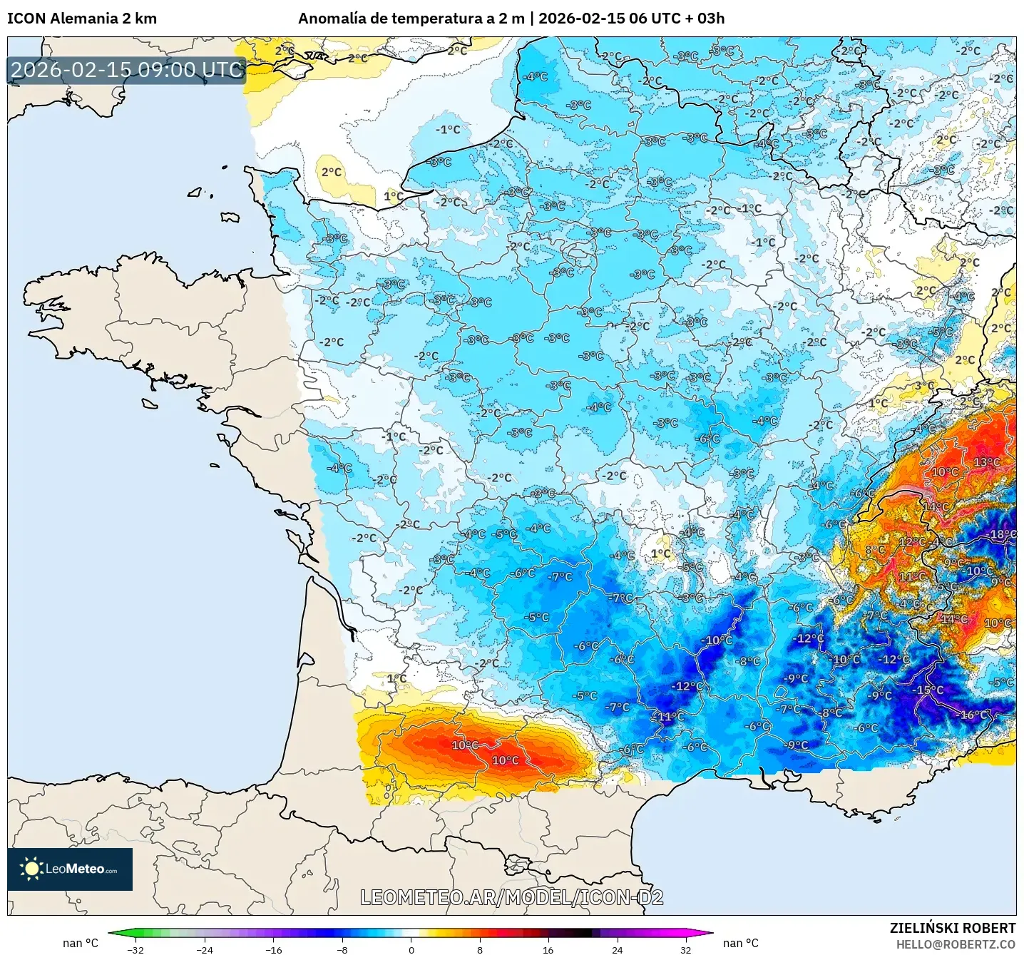 ICON Alemania 2 km model - Francia, Anomalía de temperatura a 2 m