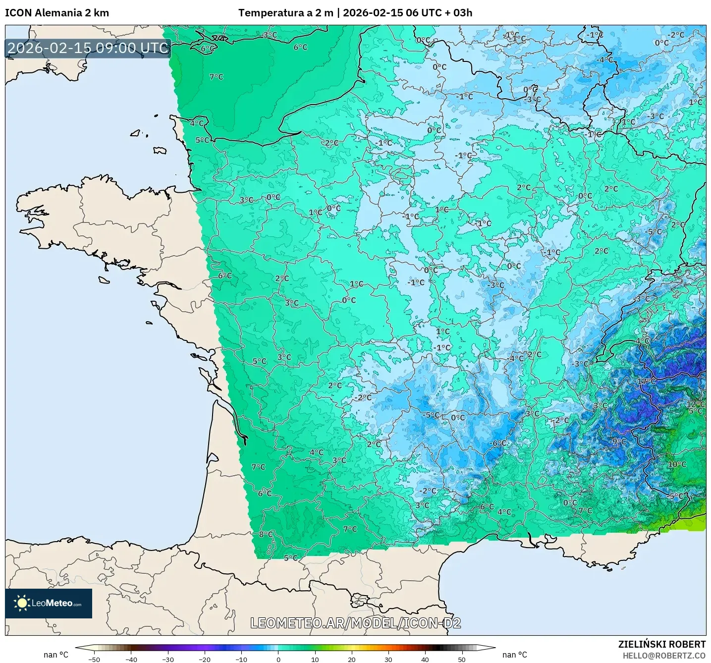 ICON Alemania 2 km model - Francia, Temperatura a 2 m