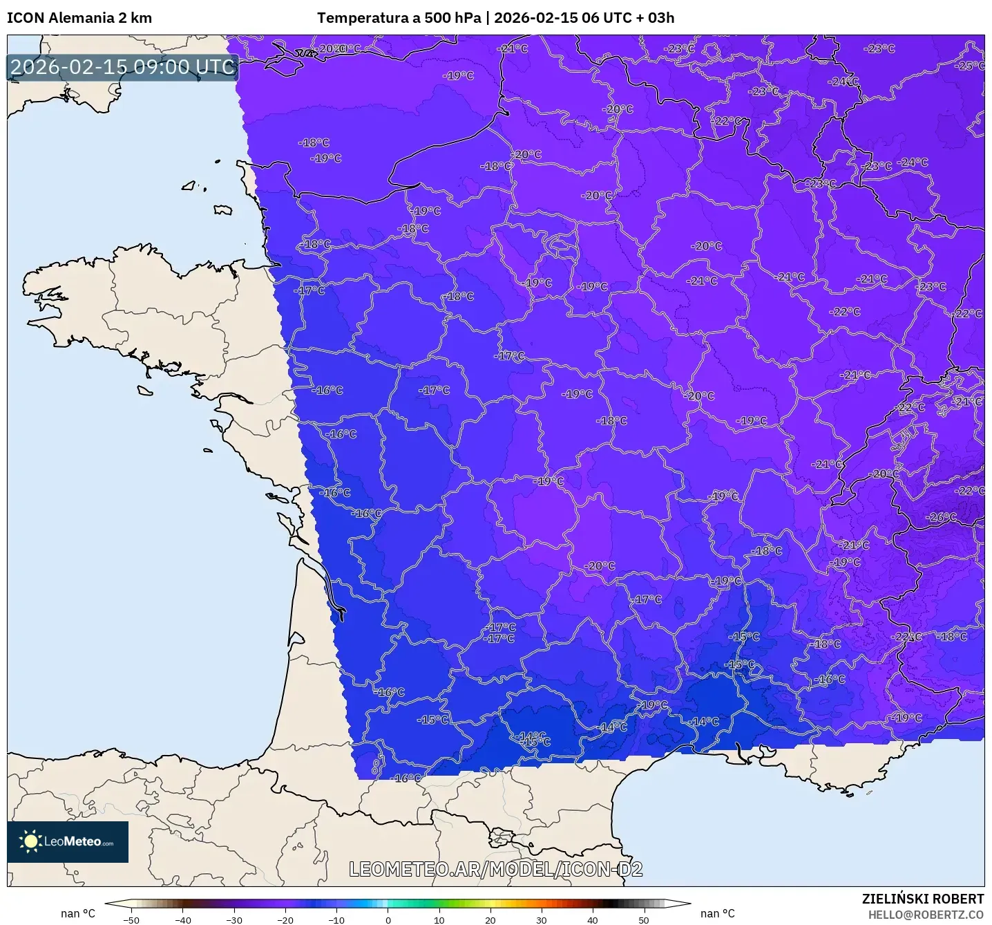 ICON Alemania 2 km model - Francia, Temperatura a 500 hPa