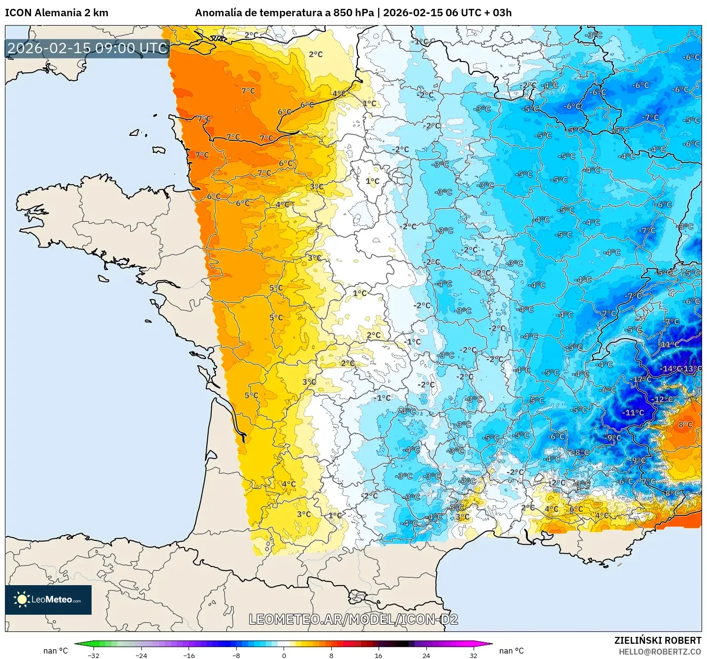 ICON Alemania 2 km model - Francia, Anomalía de temperatura a 850 hPa