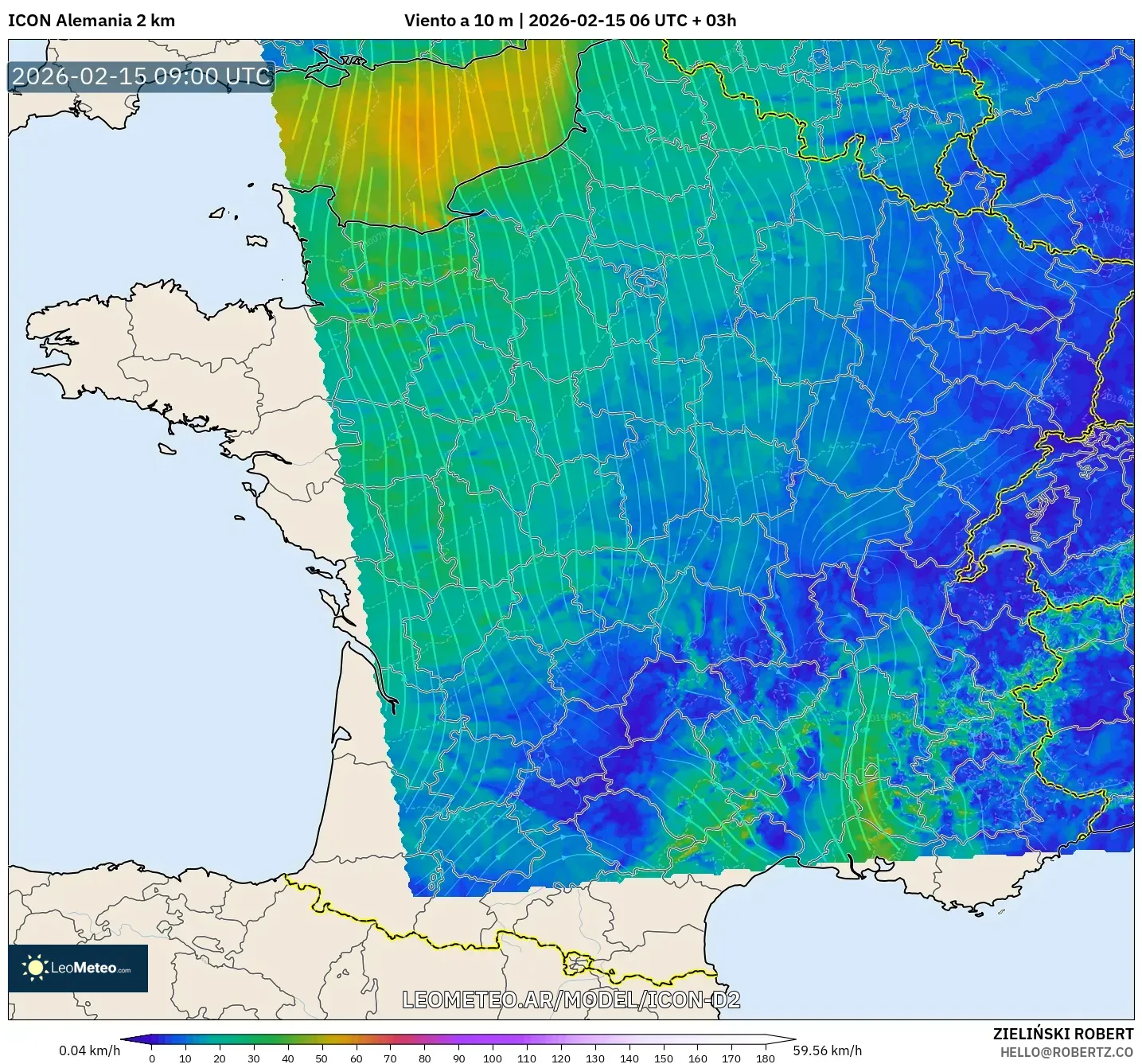 ICON Alemania 2 km model - Francia, Viento a 10 m