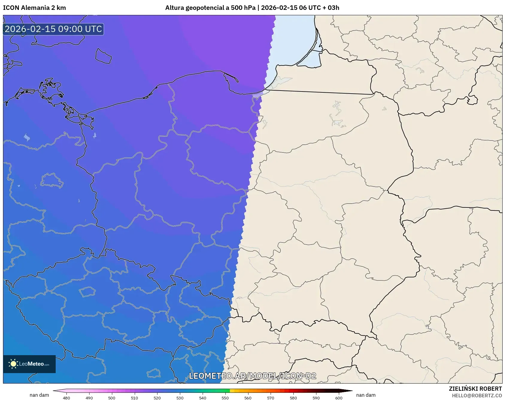 ICON Alemania 2 km model - Polonia, Altura geopotencial a 500 hPa