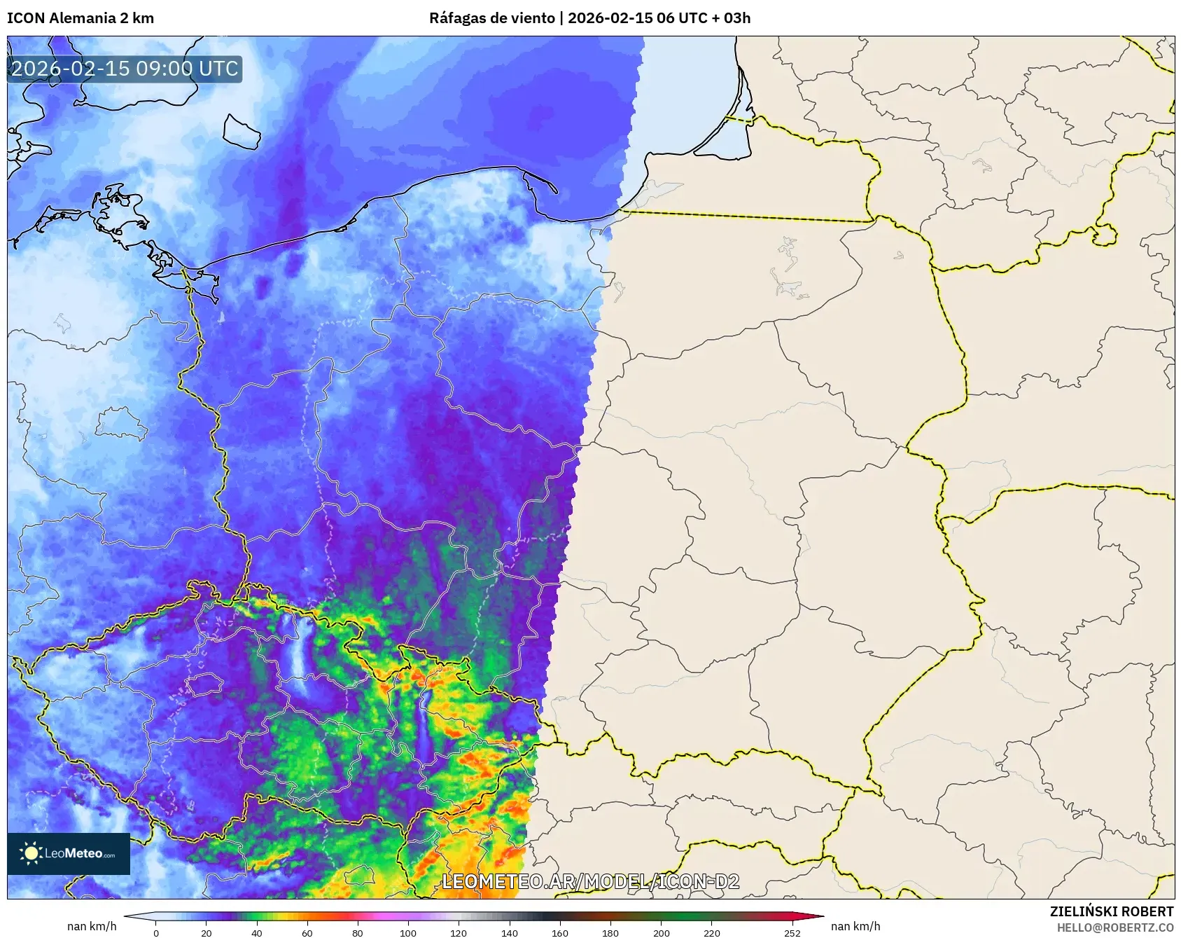 ICON Alemania 2 km model - Polonia, Ráfagas de viento