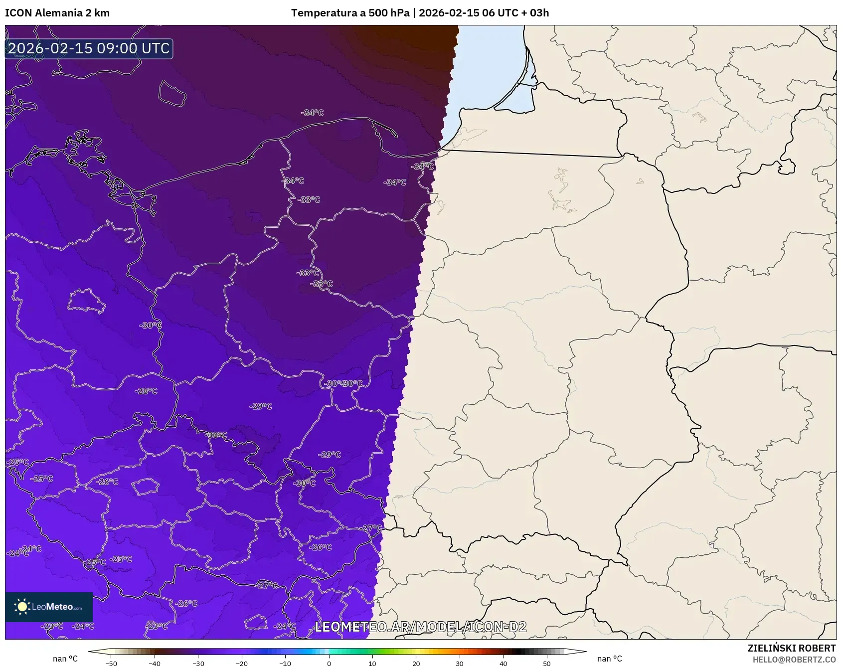 ICON Alemania 2 km model - Polonia, Temperatura a 500 hPa
