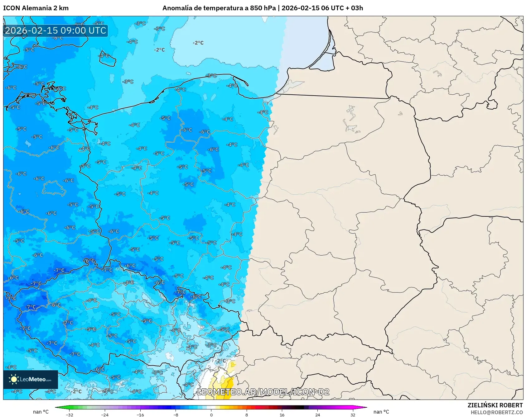 ICON Alemania 2 km model - Polonia, Anomalía de temperatura a 850 hPa