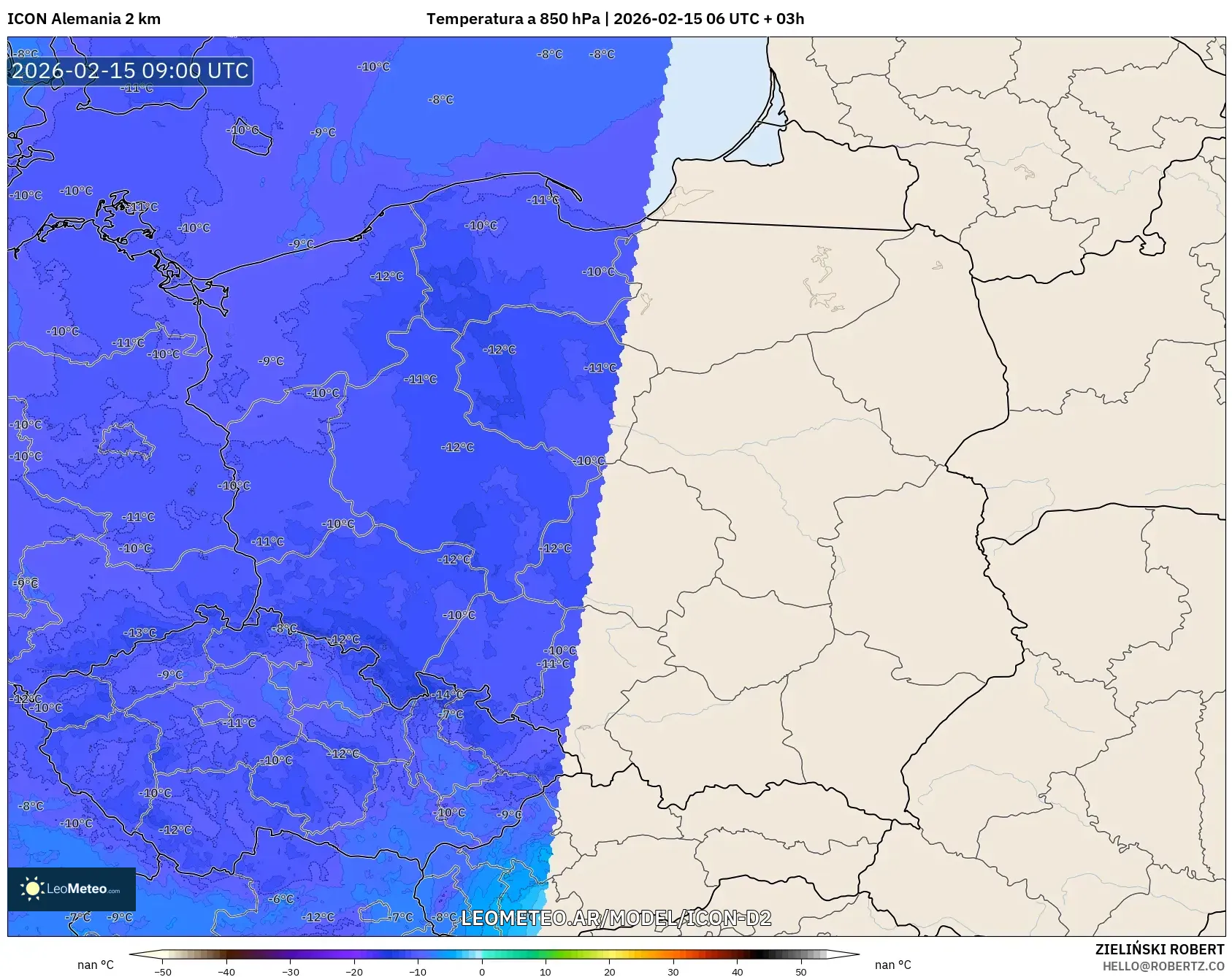ICON Alemania 2 km model - Polonia, Temperatura a 850 hPa