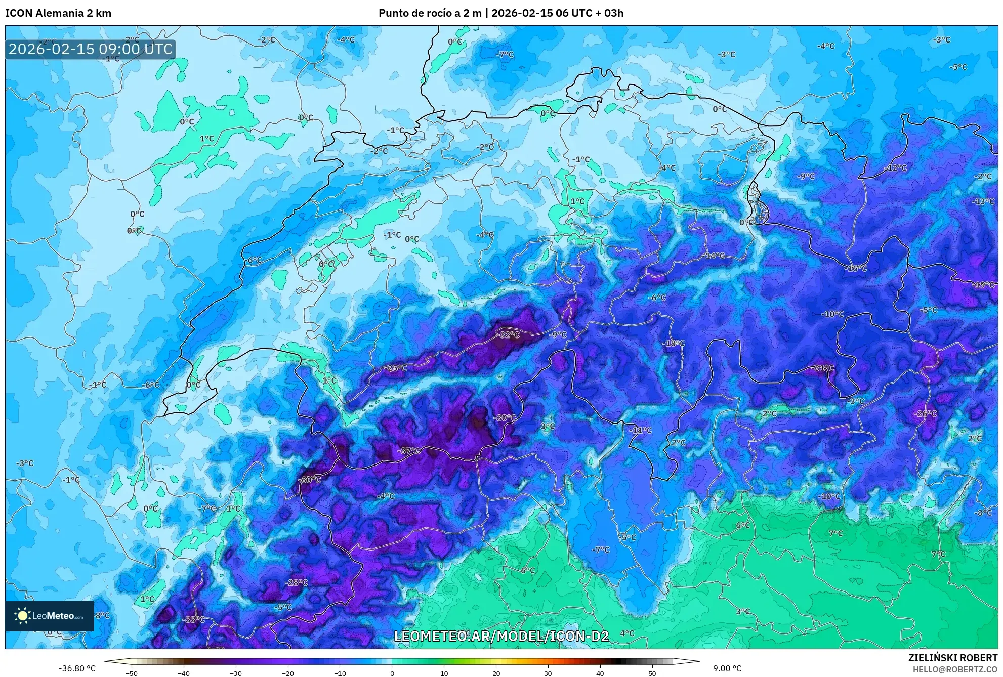 ICON Alemania 2 km model - Suiza, Punto de rocío a 2 m