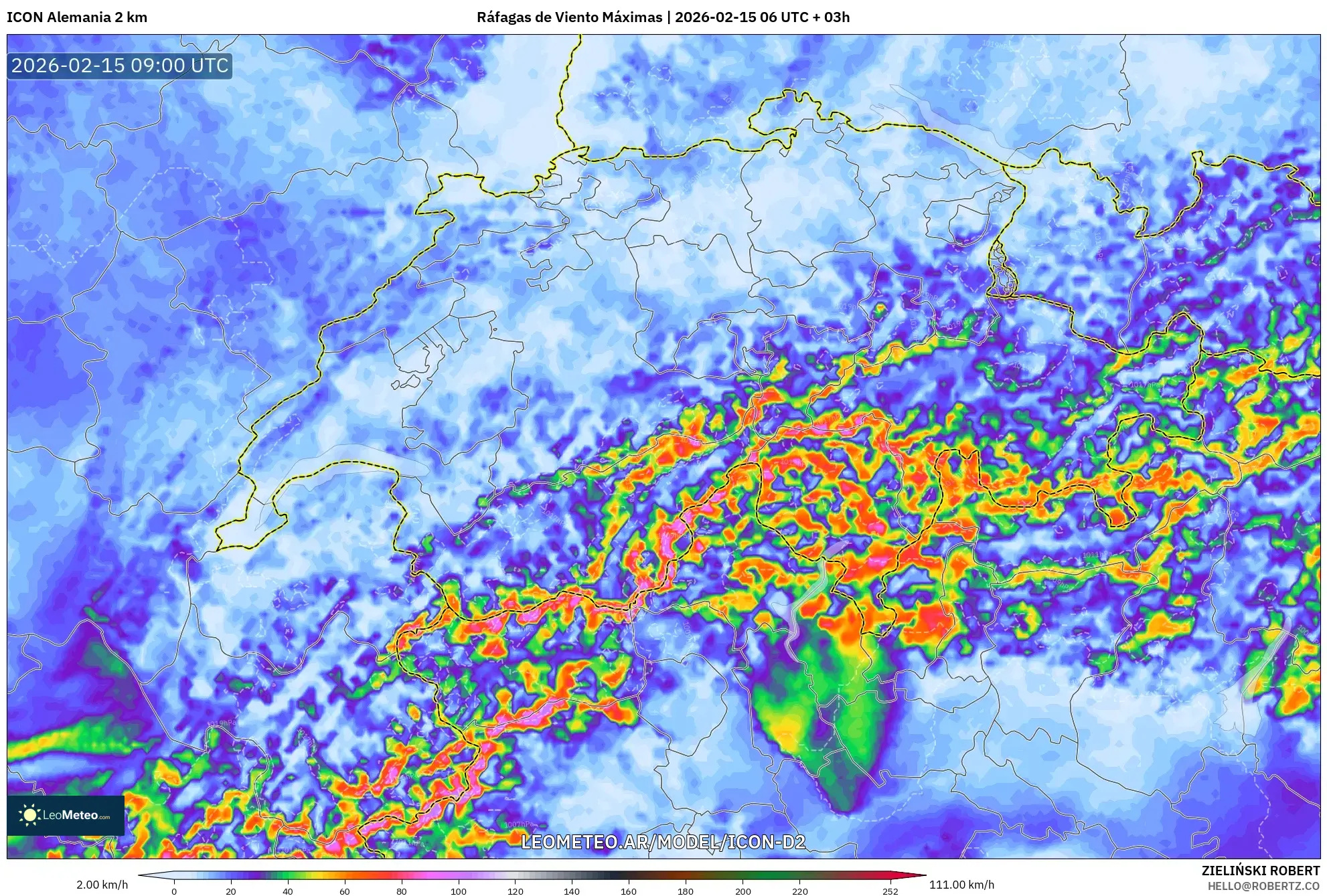 ICON Alemania 2 km model - Suiza, Ráfagas de Viento Máximas