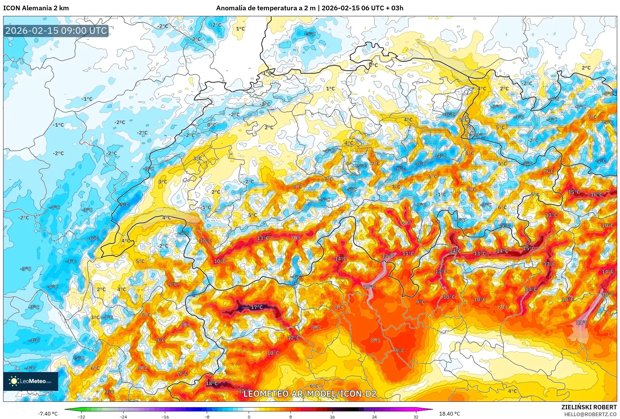 ICON Alemania 2 km model - Suiza, Anomalía de temperatura a 2 m
